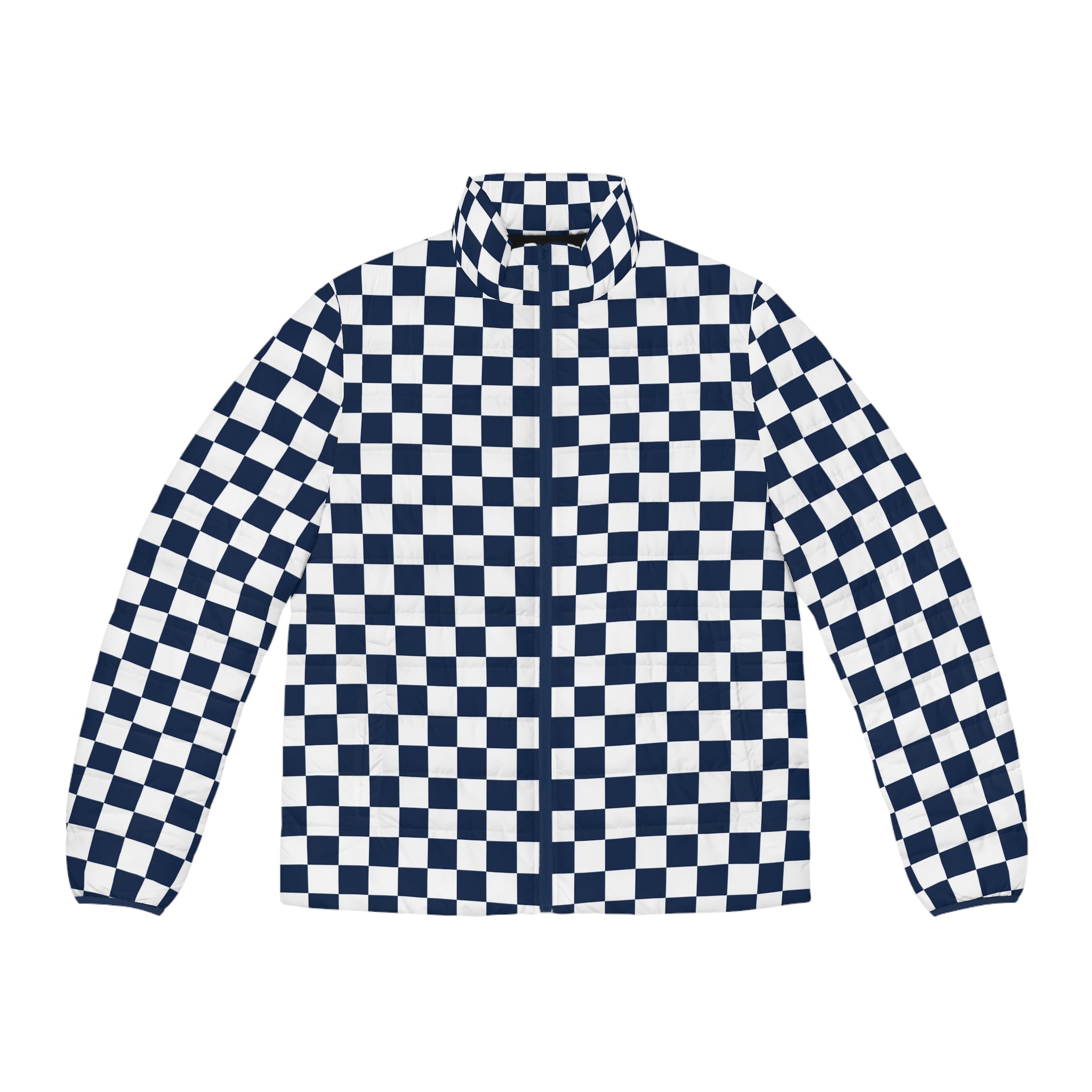 Checkerboard White and Navy Blue Men's Puffer Jacket (AOP), Artsulli - Art is Long, Life is Short, All Over Prints, Size, S, Color, Dark blue zipper, , , 23918016566316479852