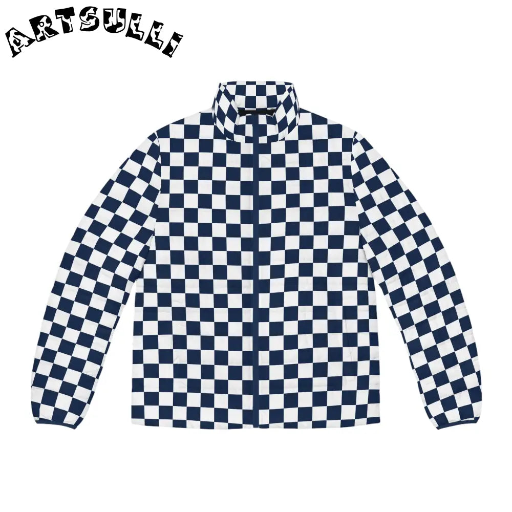 JAKKOUTTHEBXX Checkerboard White and Navy Blue Men’s Puffer Jacket