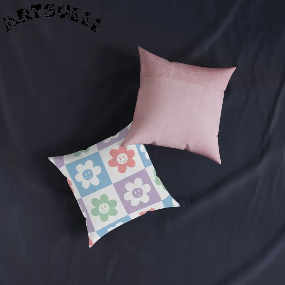 JAKKOUTTHEBXX Smiling Flower Checkered Faux Suede Square Pillow 2025