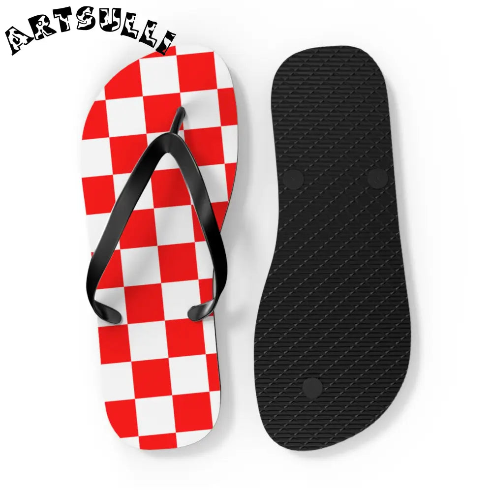 JAKKOUTTHEBXX Checkerboard Red and White Flip Flops JAKKOUTTHEBXX