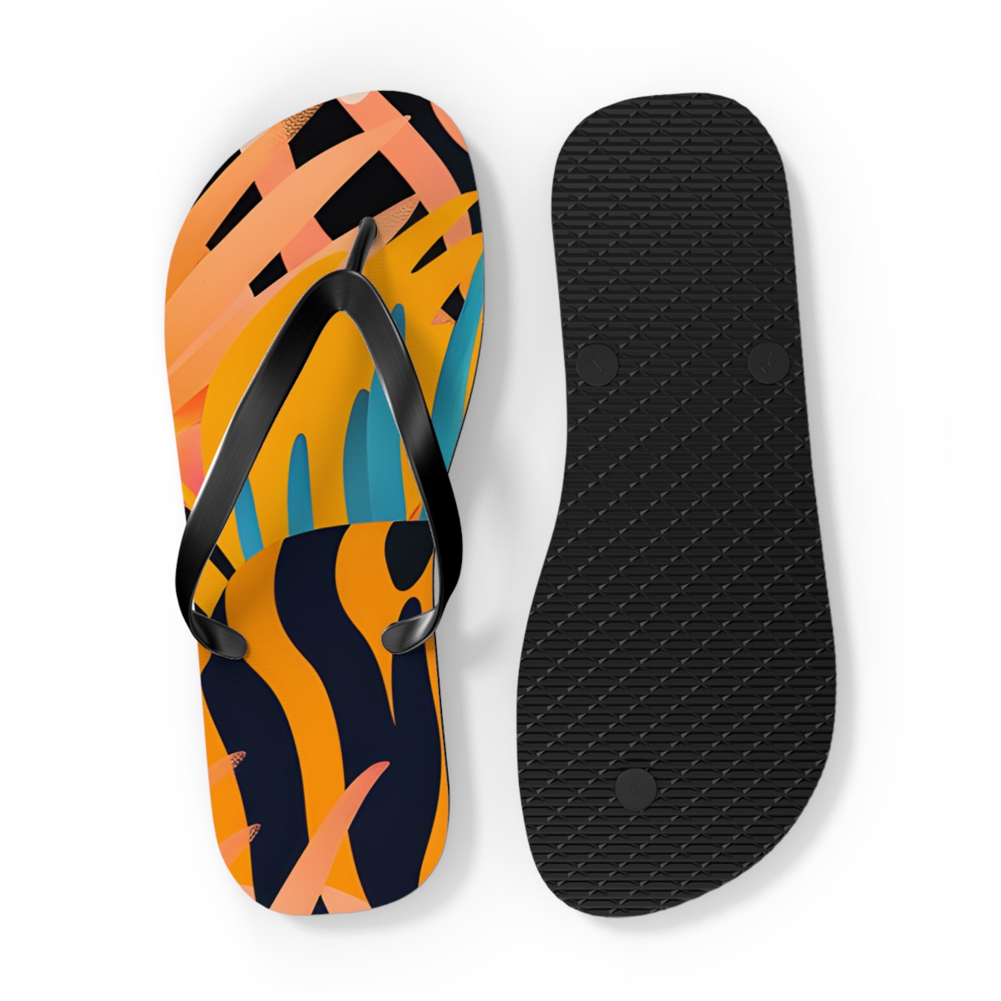 Palm Leaves x Zebra Stripes x  Tiger Stripes Orange and Blue Flip Flops, Artsulli - Art is Long, Life is Short, Shoes, , , , , , , 