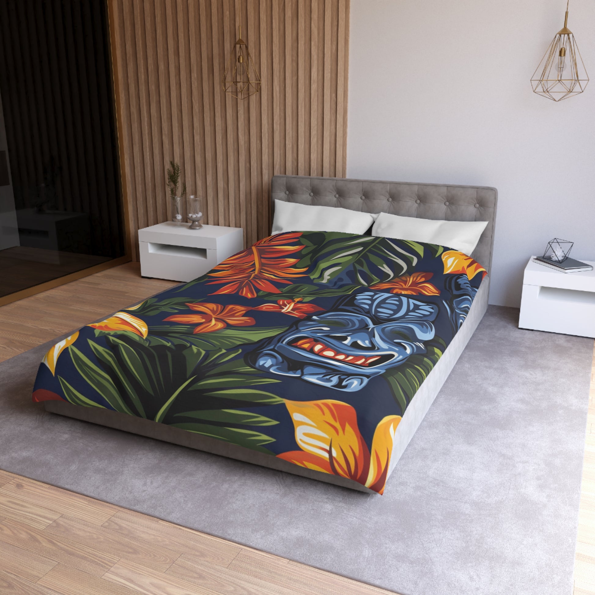 Tiki Bloom Navy Microfiber Duvet Cover, Artsulli - Art is Long, Life is Short, Home Decor, , , , , , , 