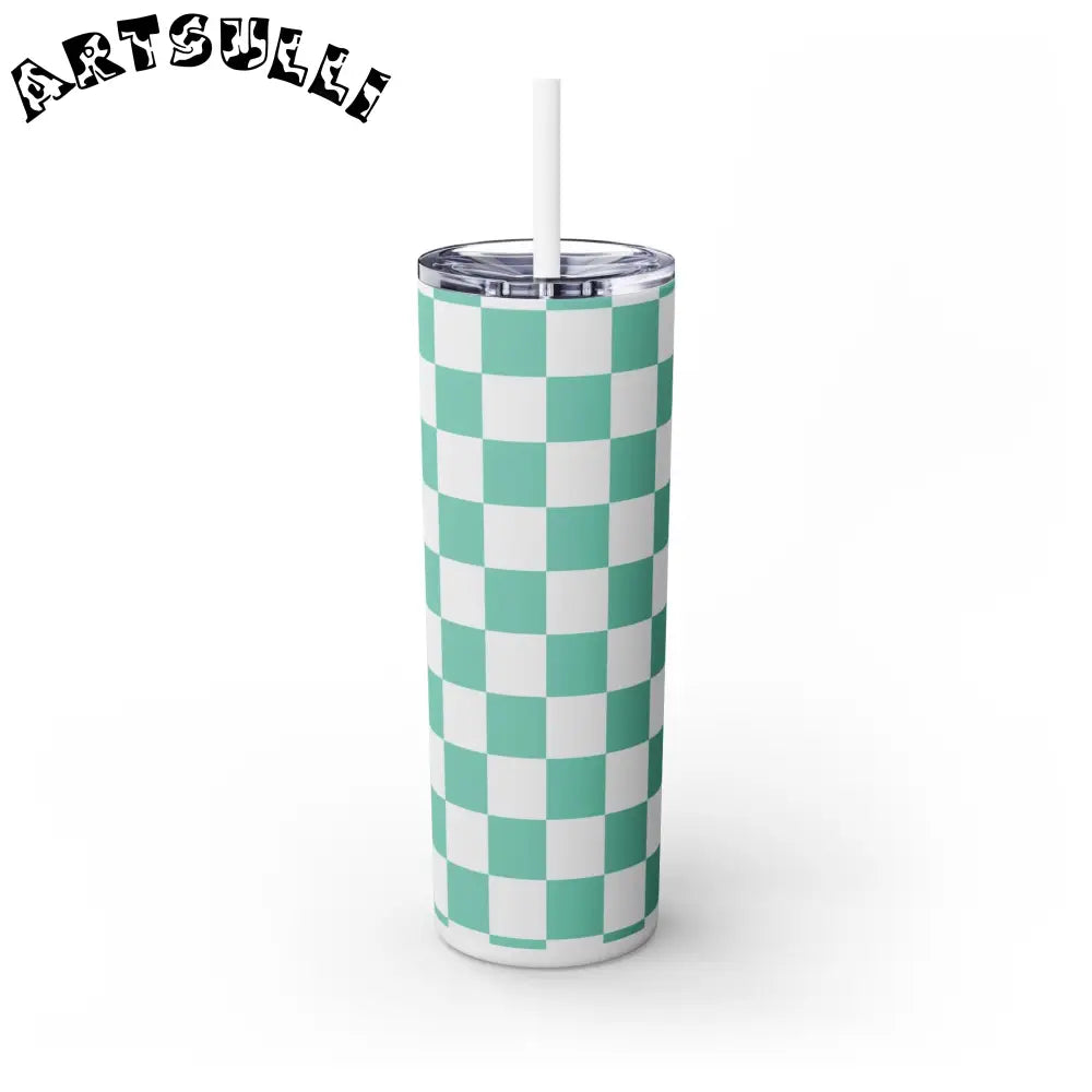 JAKKOUTTHEBXX Checkerboard Light Green Skinny Tumbler with Straw