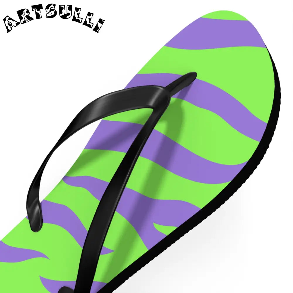 JAKKOUTTHEBXX Tyrannosaurus Print Green and Purple Flip Flops