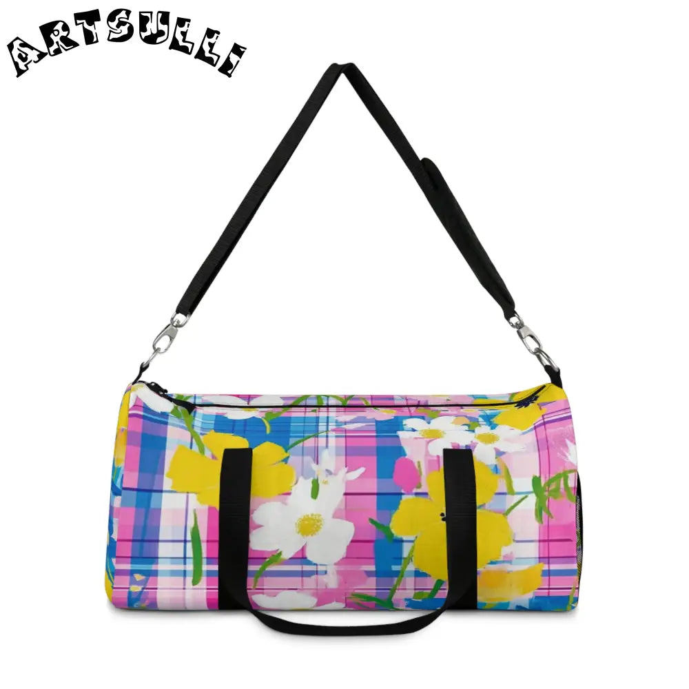 JAKKOUTTHEBXX Plaid Garden II Pink and Purple Duffel Bag