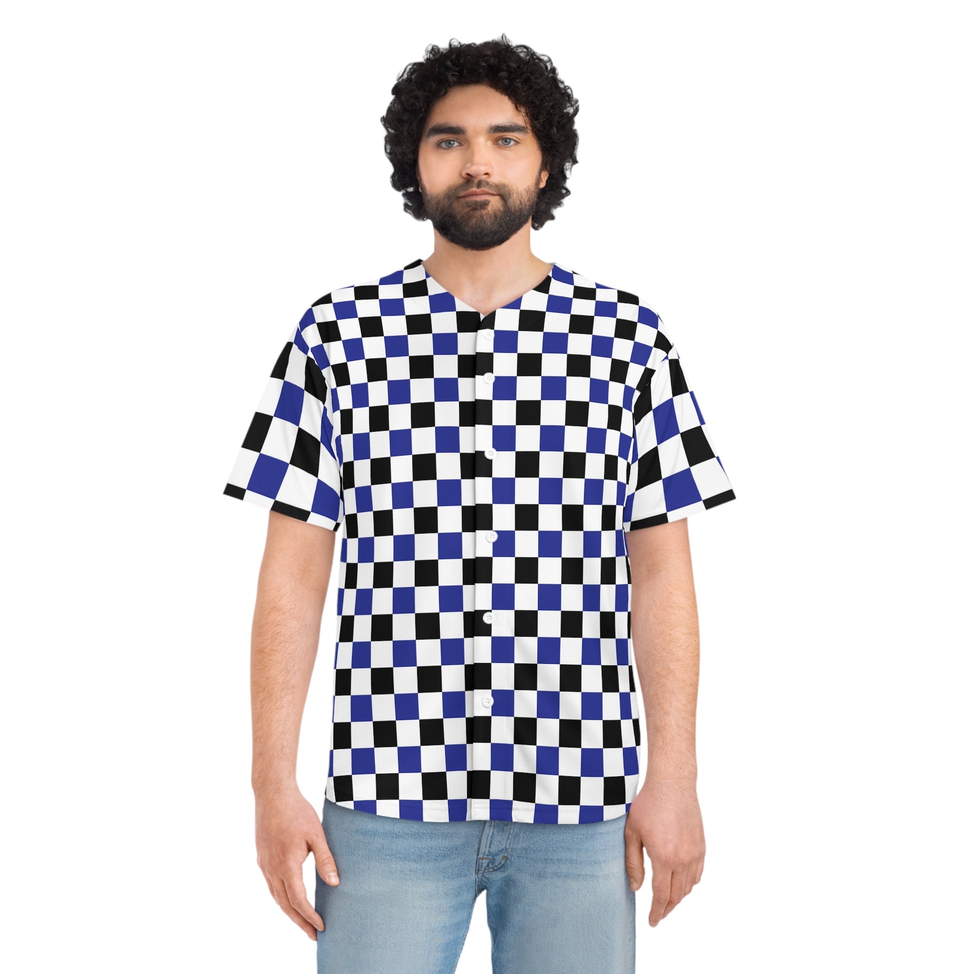 Checkerboard II Blue White and Black Men's Baseball Jersey (AOP), Artsulli - Art is Long, Life is Short, All Over Prints, , , , , , , 