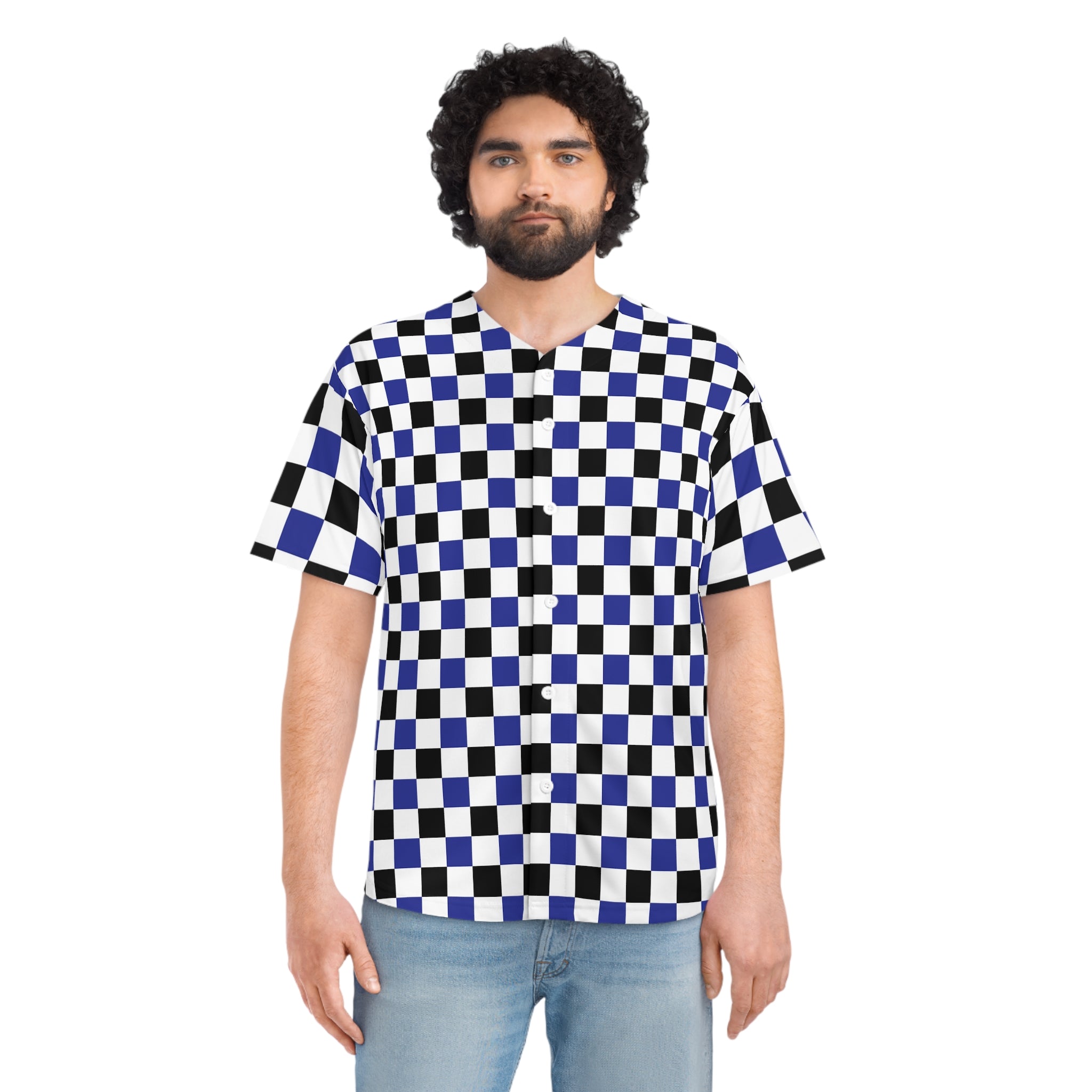 Checkerboard II Blue White and Black Men's Baseball Jersey (AOP), Artsulli - Art is Long, Life is Short, All Over Prints, , , , , , , 