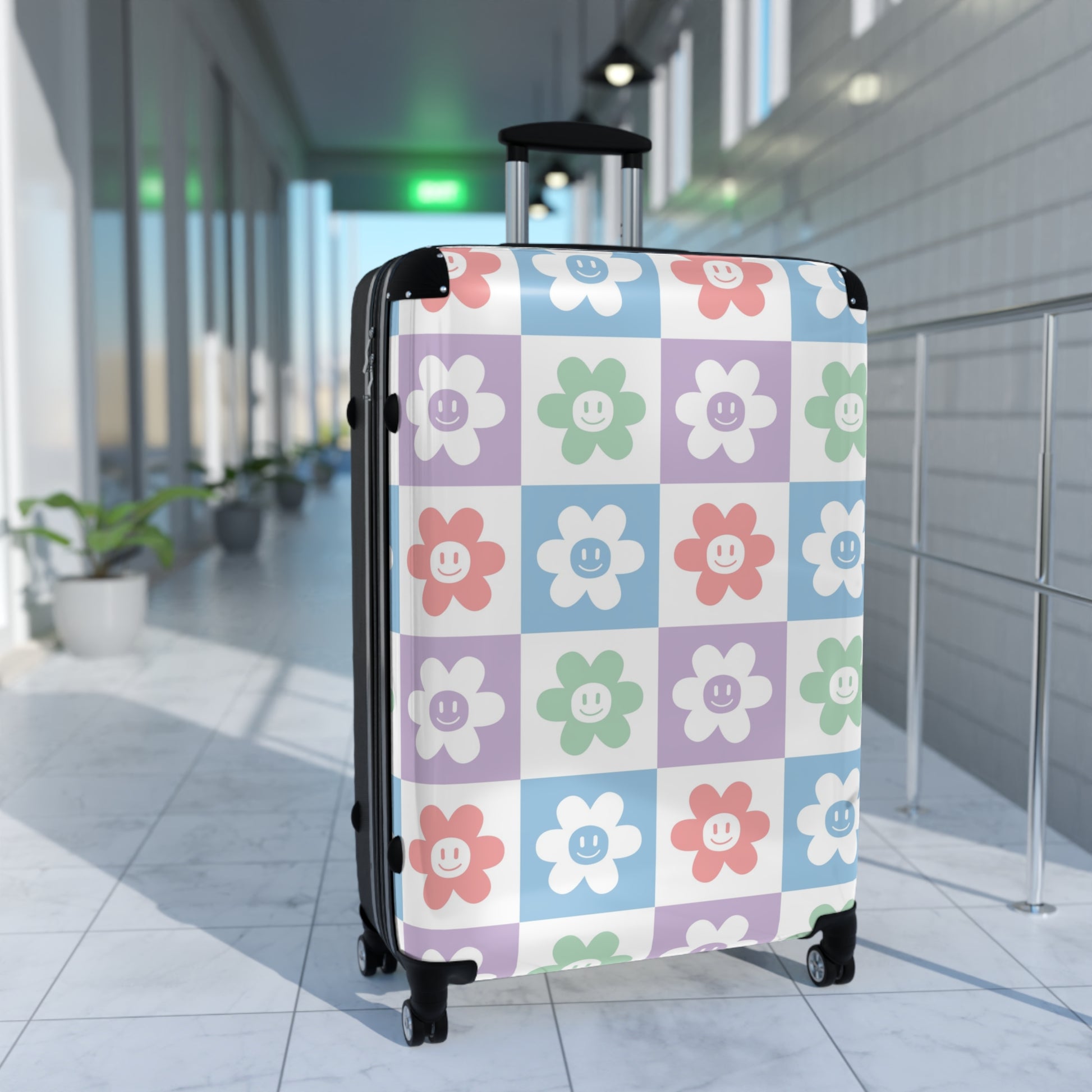 Chessboard x Smiley Face Flowers Multi-Color Suitcase, Artsulli - Art is Long, Life is Short, Bags, , , , , , , 
