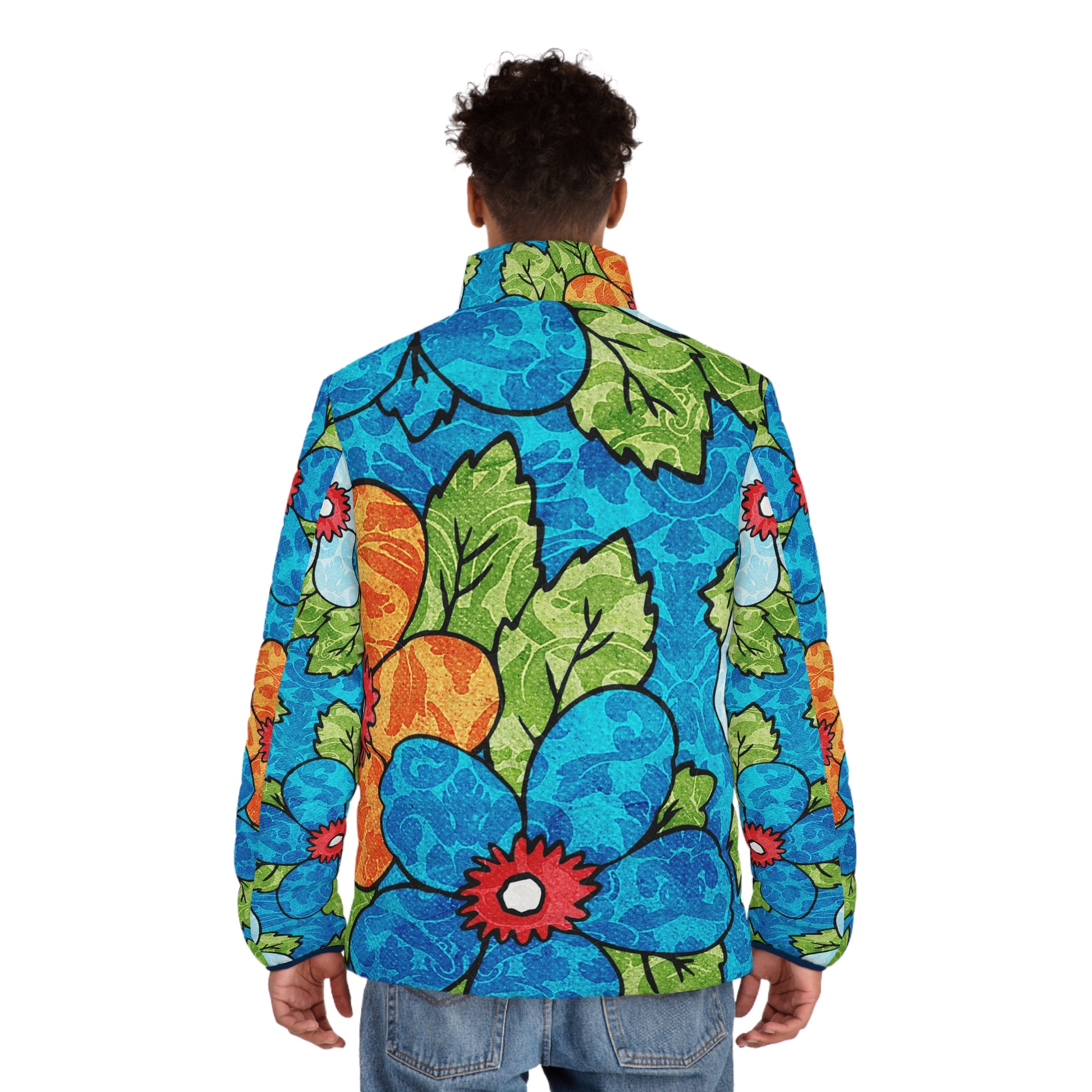 Blue Orange Groovy Men's Puffer Jacket (AOP), Artsulli - Art is Long, Life is Short, All Over Prints, , , , , , , 