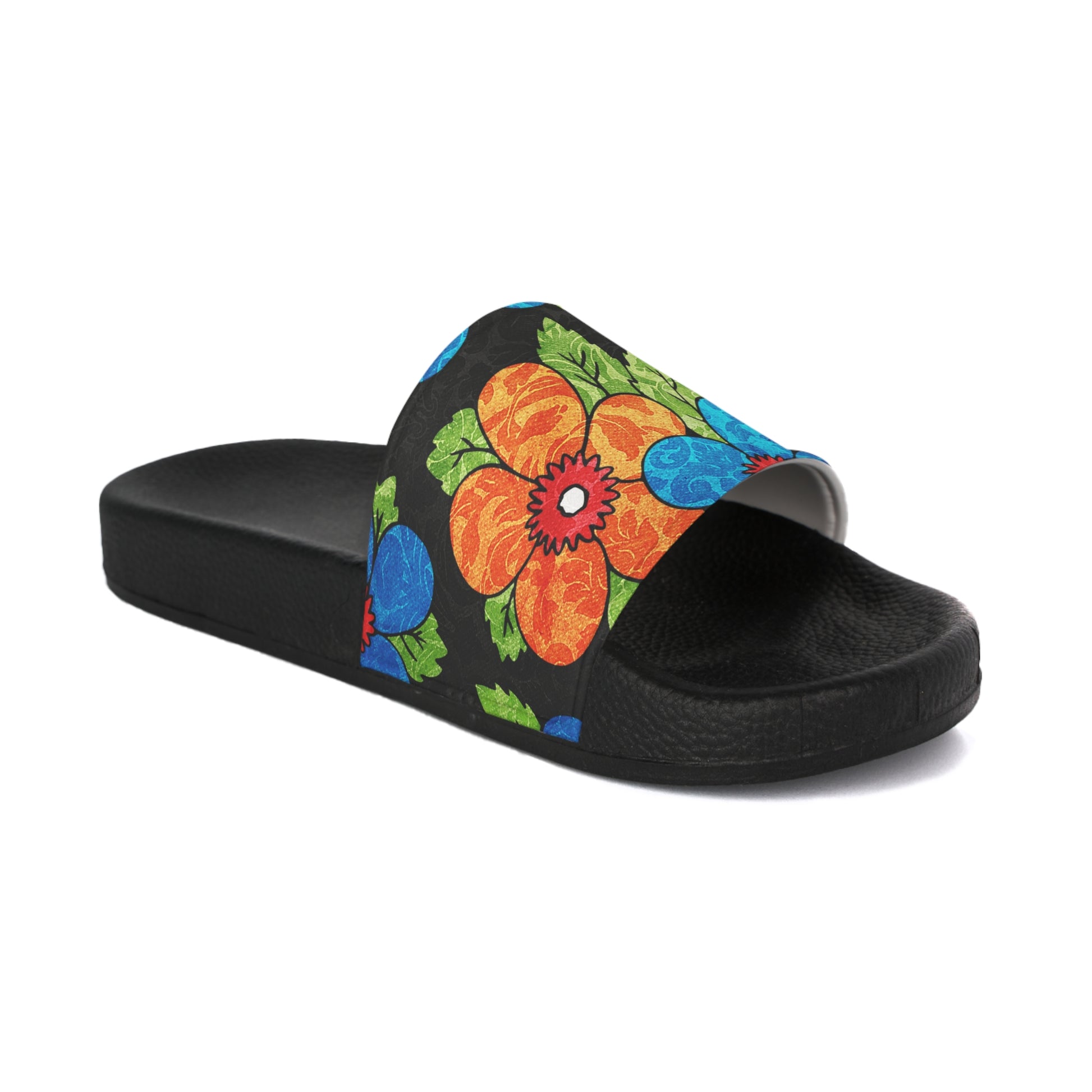 Groovy Black Floral Kl Men's Slide Sandals, Artsulli - Art is Long, Life is Short, Shoes, , , , , , , 