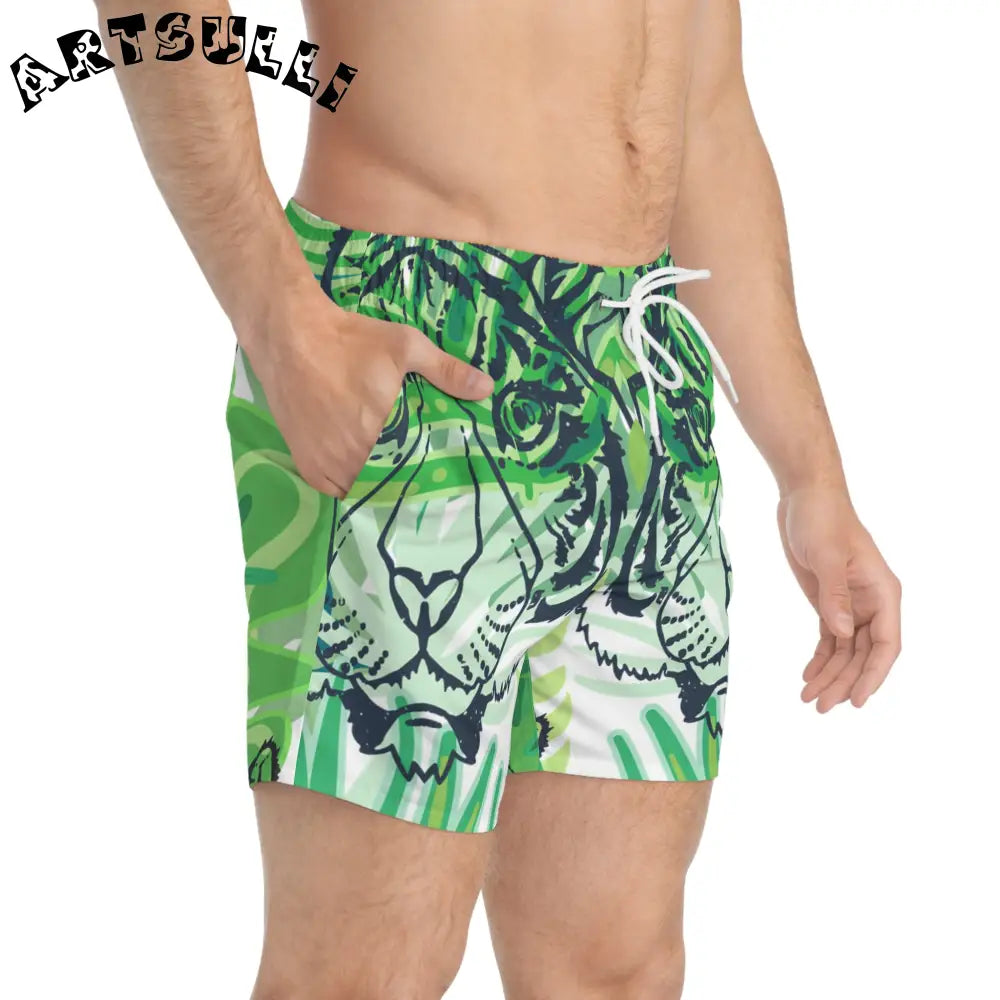 JAKKOUTTHEBXX Tropical Jungle Tigers Green Swim Trunks (AOP)