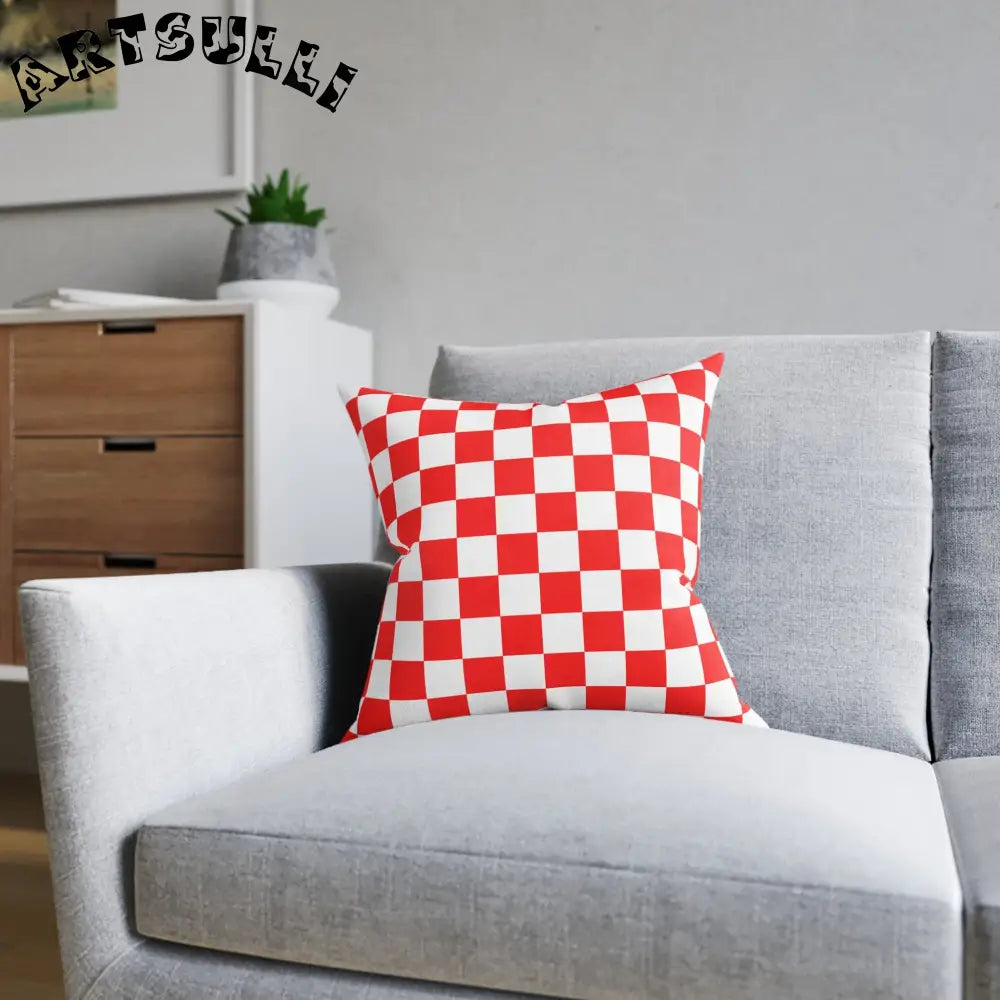JAKKOUTTHEBXX Checkerboard Red and White Square Pillow JAKKOUTTHEBXX