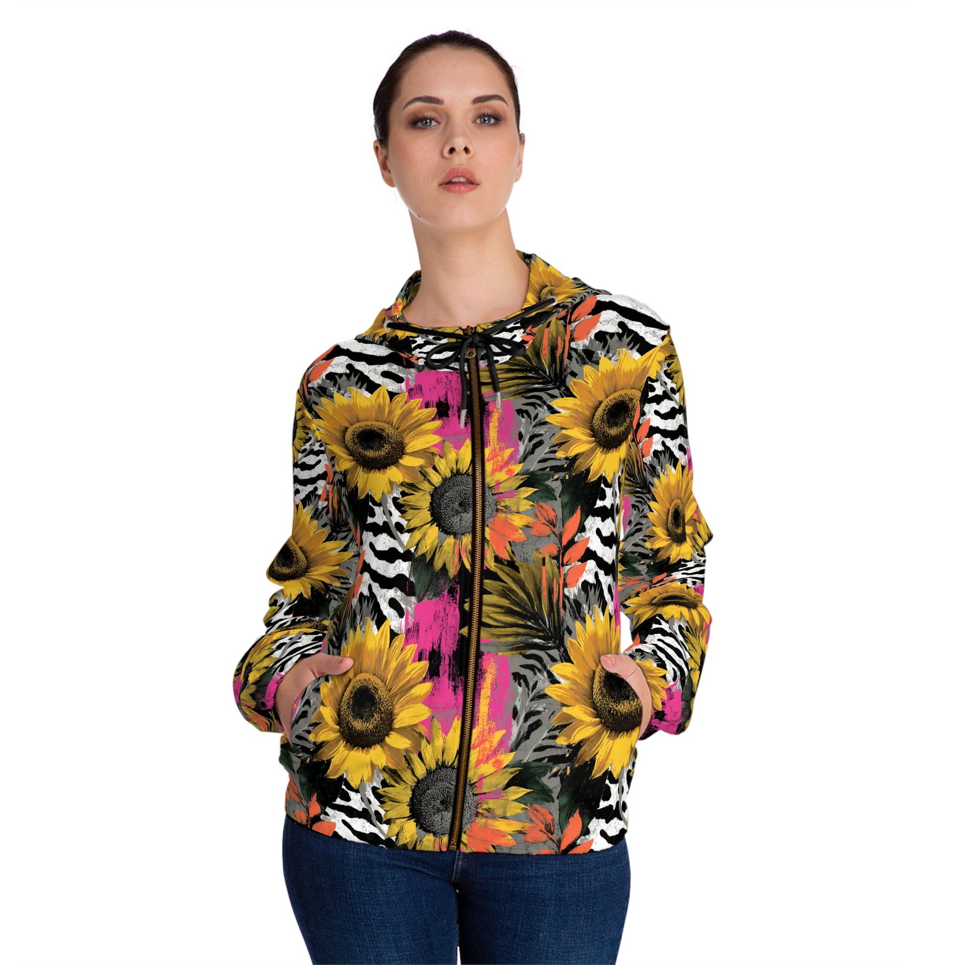 Zebra Stripes x Sunflowers Multi-Color Women’s Full-Zip Hoodie (AOP), Artsulli - Art is Long, Life is Short, All Over Prints, , , , , , , 