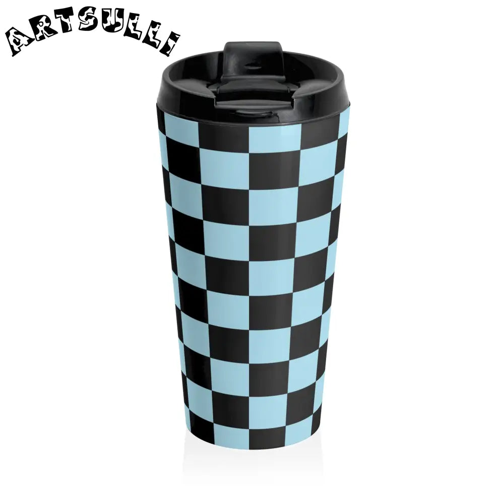 JAKKOUTTHEBXX Checkerboard Black and Blue Stainless Steel Travel Mug