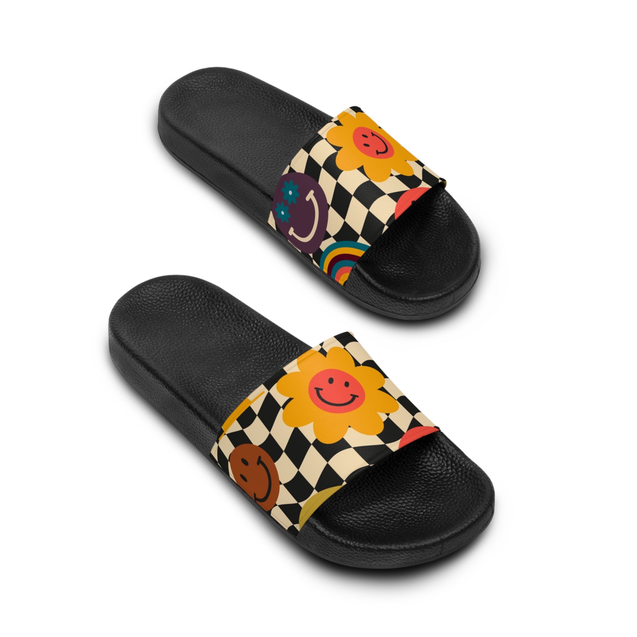Trippy x Wavy Checkerboard x Smiley Face x Rainbow x Flowers Multi-Color Men's Slide Sandals, Artsulli - Art is Long, Life is Short, Shoes, , , , , , , 