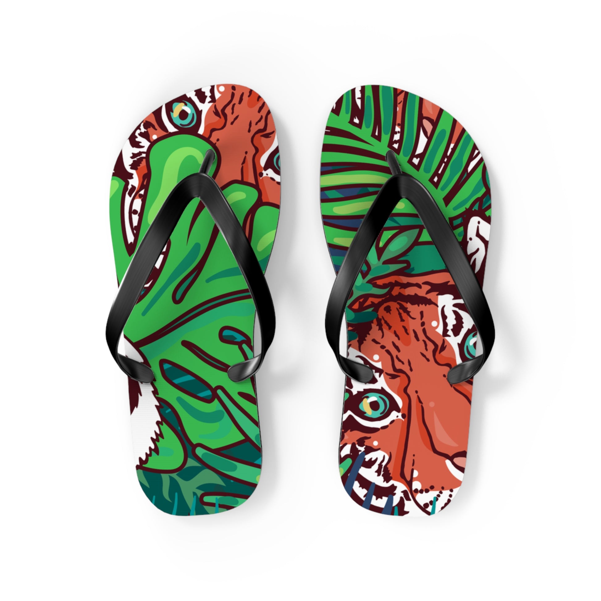 Tropical Jungle Tigers Blue and Green Flip Flops, Artsulli - Art is Long, Life is Short, Shoes, Size, M, Color, Black sole, , , 14288210029912