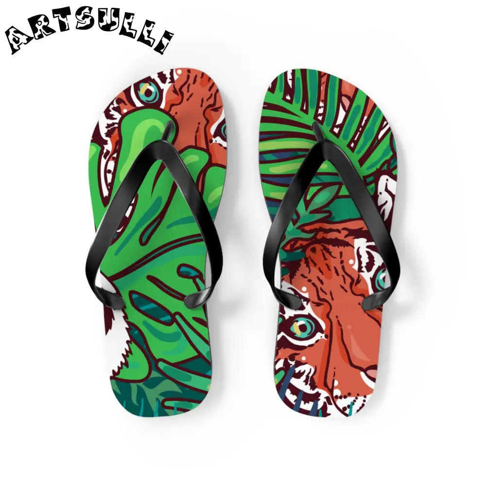 JAKKOUTTHEBXX Tropical Jungle Tigers Blue and Green Flip Flops