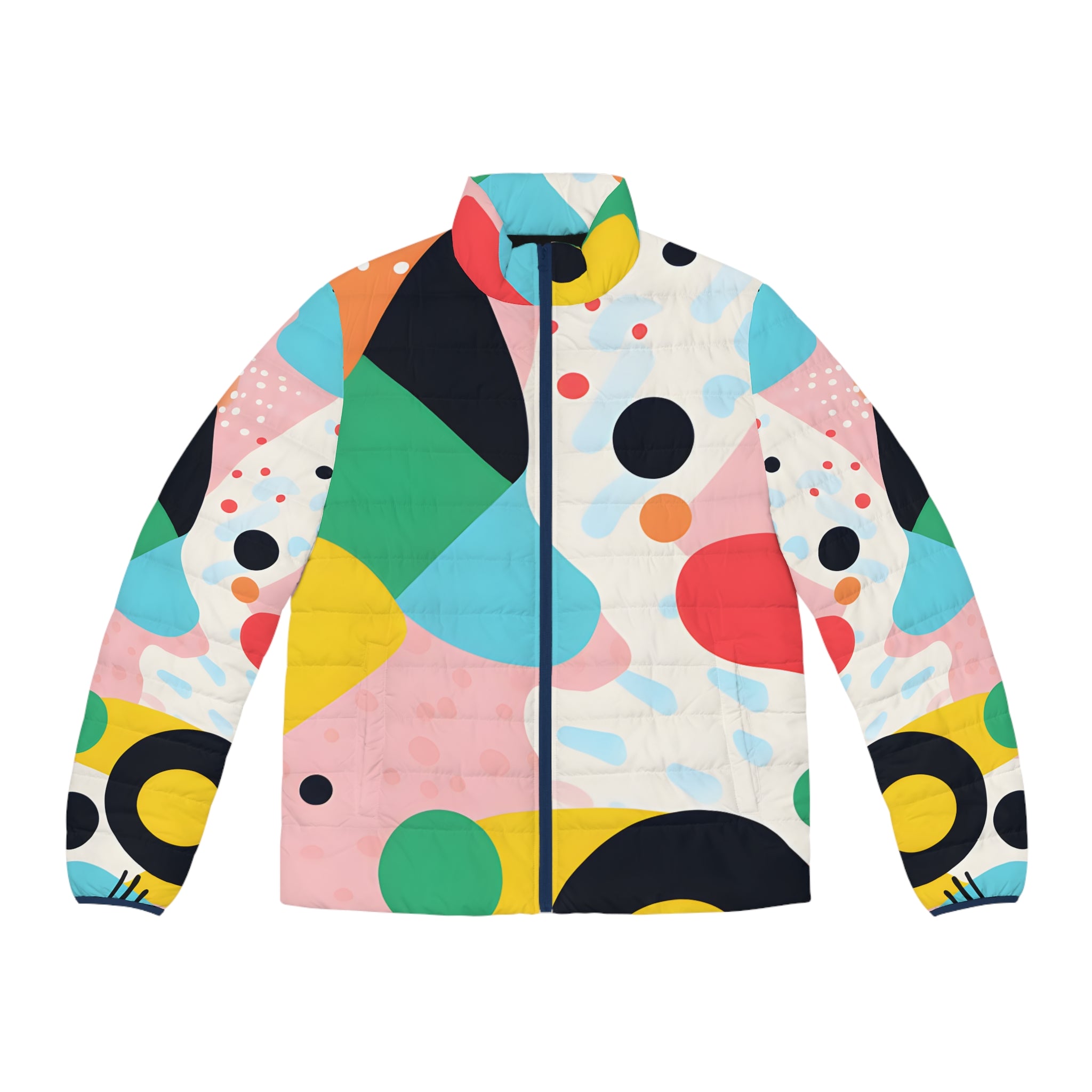 Colorful Abstract Shapes Men's Puffer Jacket (AOP), Artsulli - Art is Long, Life is Short, All Over Prints, Size, S, Color, Dark blue zipper, , , 26762392425937789050