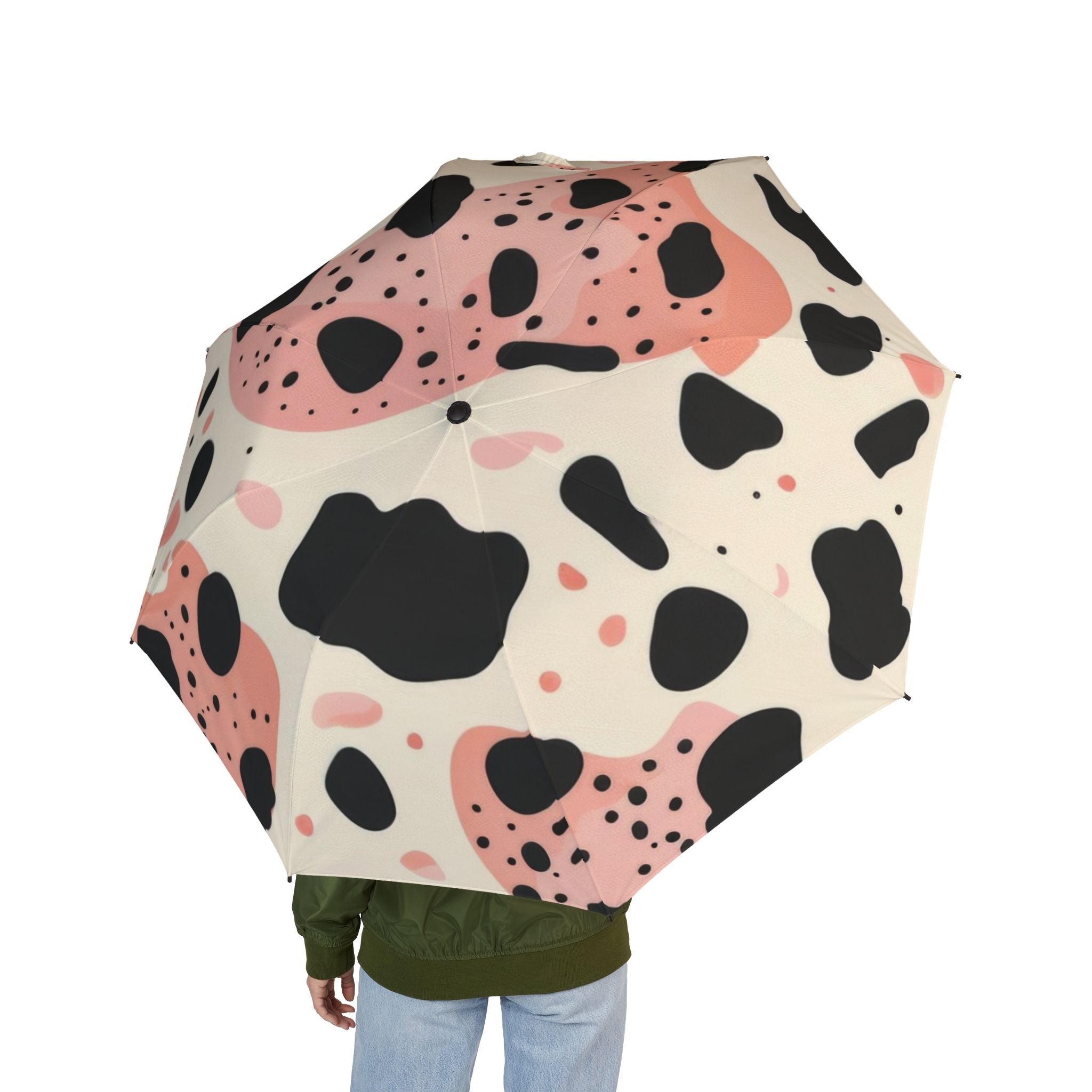 Organic Cow Print Cream and Pink Semi-Automatic Foldable Umbrella, Artsulli - Art is Long, Life is Short, Accessories, , , , , , , 