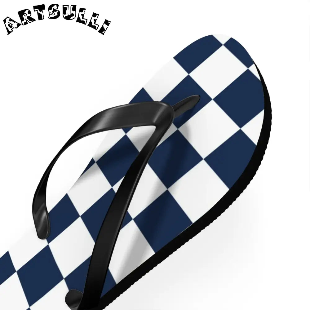 JAKKOUTTHEBXX Checkerboard White and Navy Blue Flip Flops