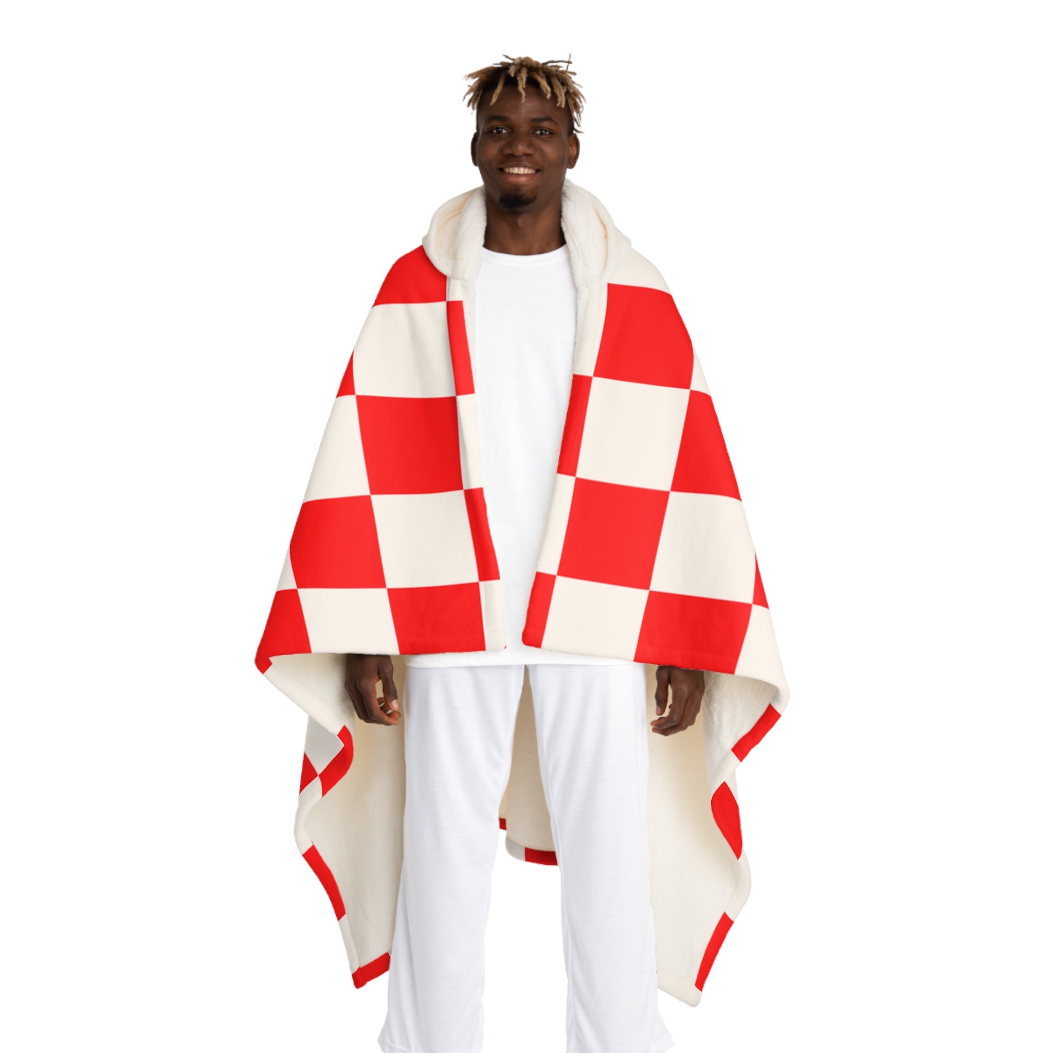 Checkerboard Red and White Hooded Sherpa Fleece Blanket, Artsulli - Art is Long, Life is Short, All Over Prints, Size, One size, Color, Cream, , , 42729406233692963072