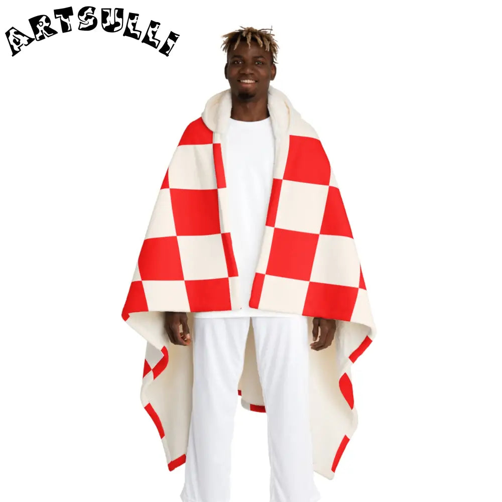 JAKKOUTTHEBXX Checkerboard Red and White Hooded Sherpa Fleece