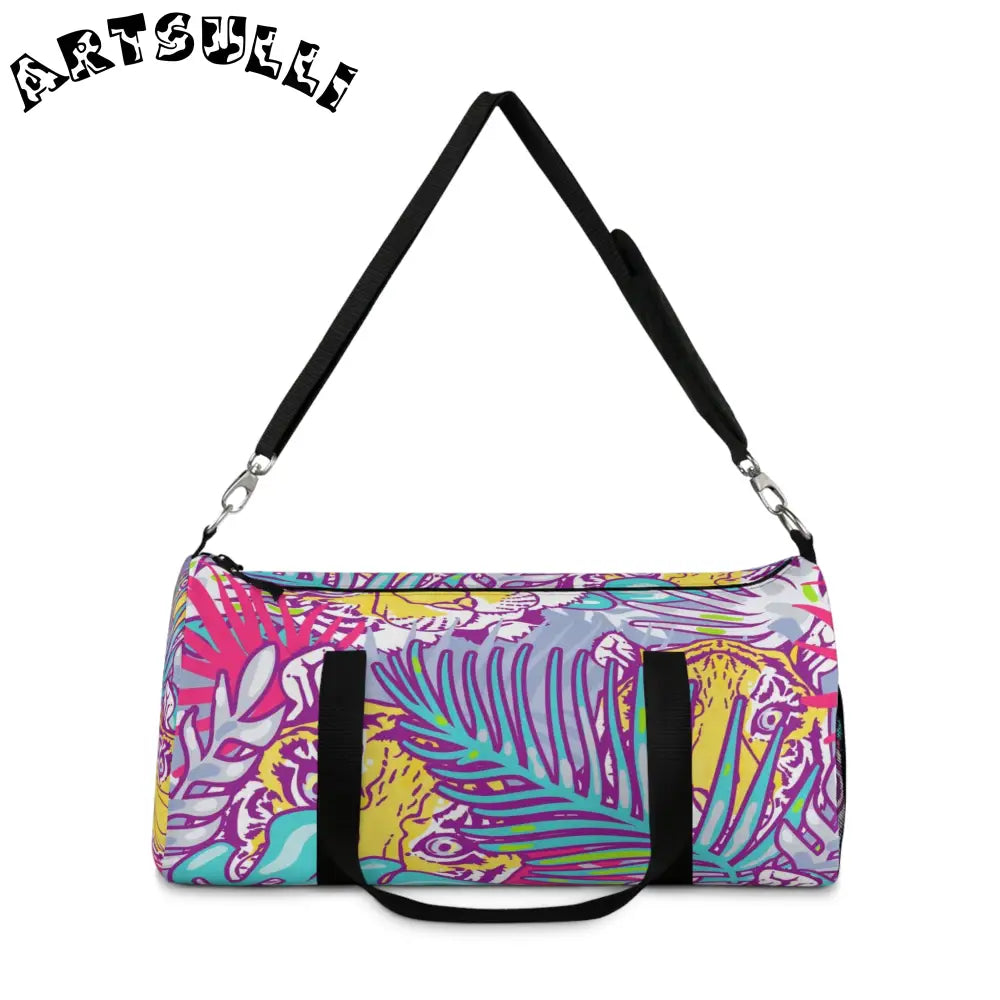 JAKKOUTTHEBXX Tropical Floral Tigers Torquise and Purple Duffel Bag