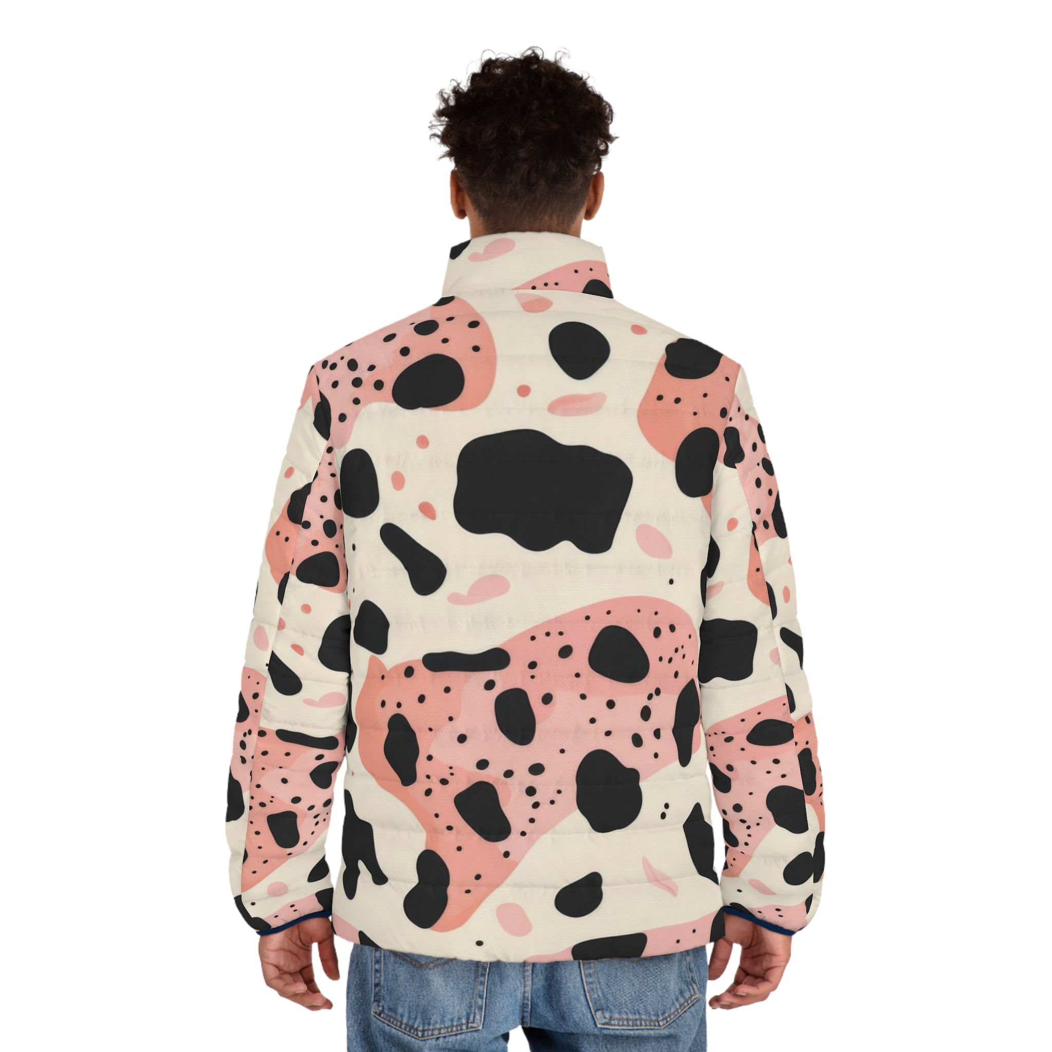 Organic Cow Print Cream and Pink Men's Puffer Jacket (AOP), Artsulli - Art is Long, Life is Short, All Over Prints, , , , , , , 
