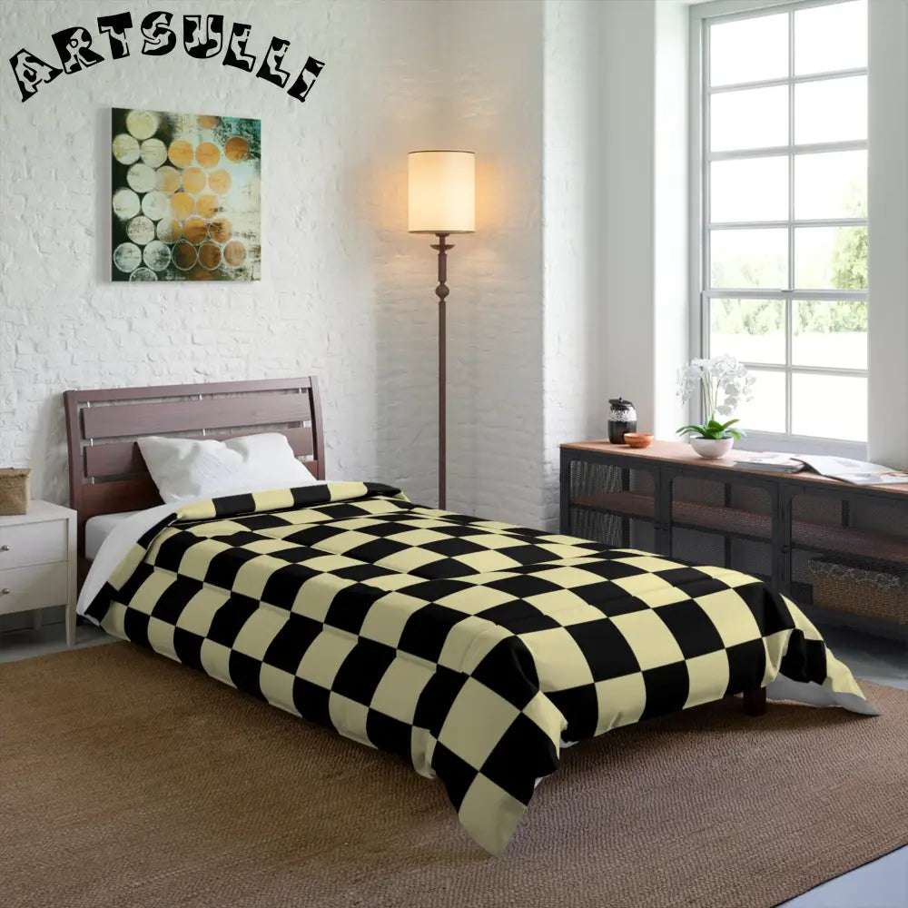 JAKKOUTTHEBXX Checkerboard Black and Yellow Comforter JAKKOUTTHEBXX