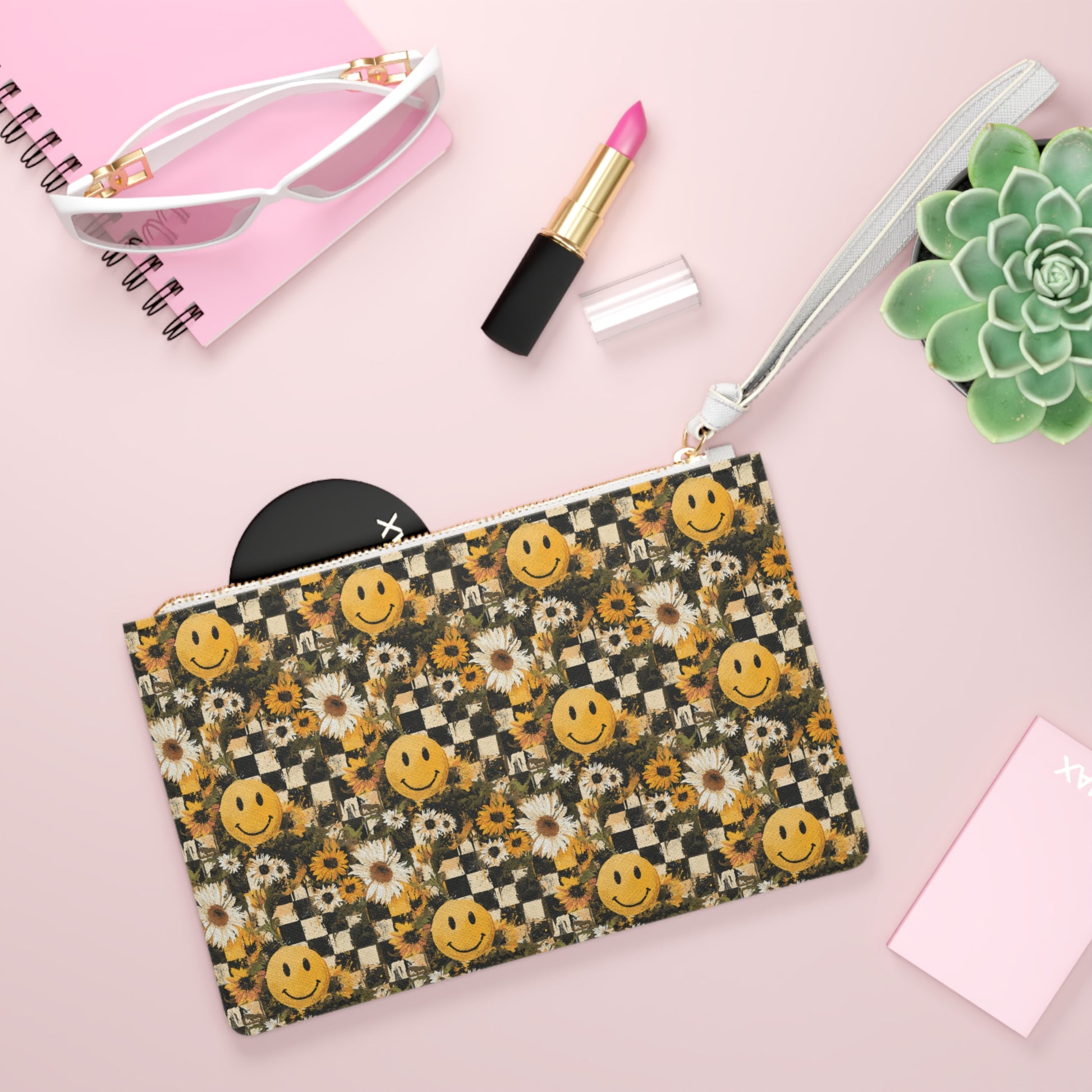 Smiley Face x Checkerboard x Sunflowers x Trippy x Vintage Black and Yellow Clutch Bag, Artsulli - Art is Long, Life is Short, Bags, , , , , , , 