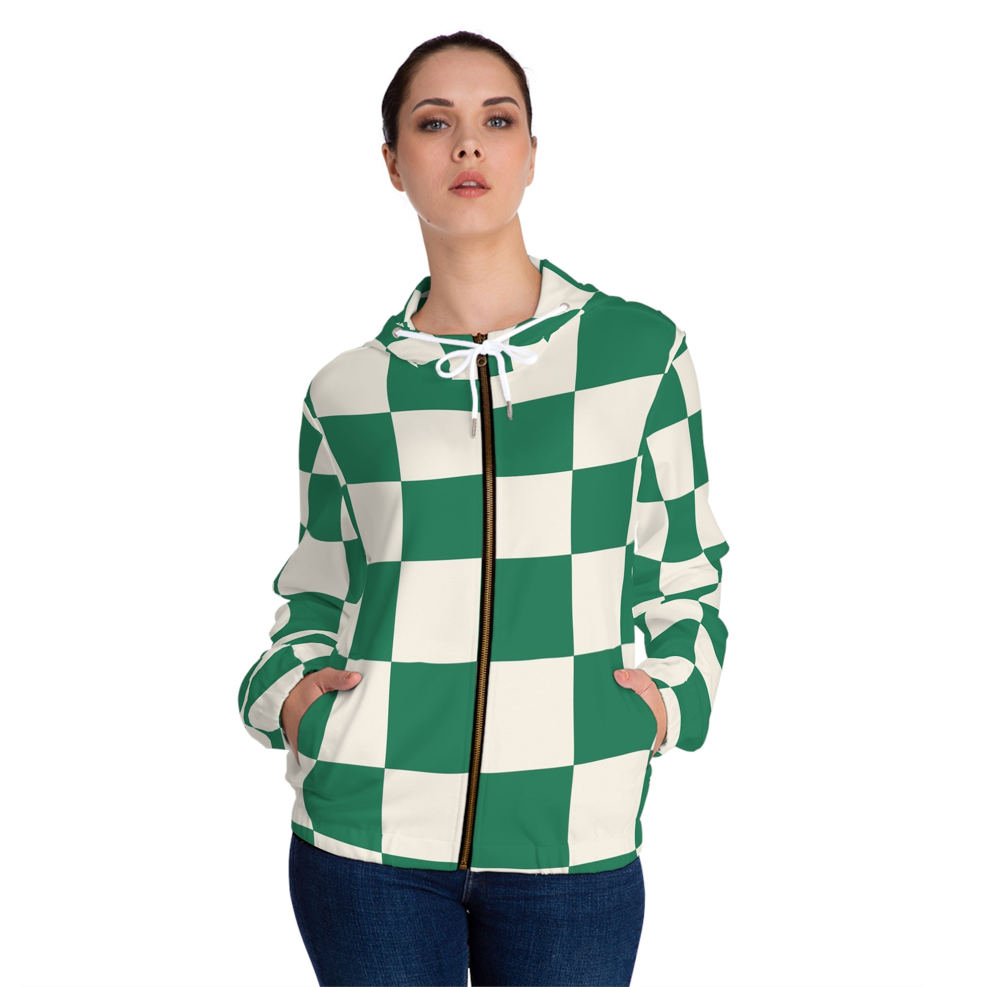 Checkerboard Dark Green Women’s Full-Zip Hoodie (AOP), Artsulli - Art is Long, Life is Short, All Over Prints, , , , , , , 
