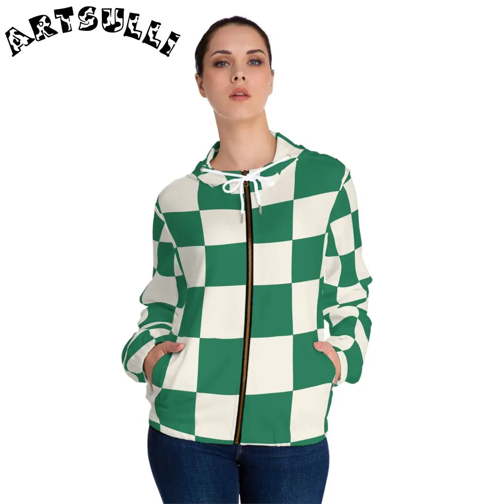 JAKKOUTTHEBXX Checkerboard Dark Green Women’s Full-Zip Hoodie (AOP)