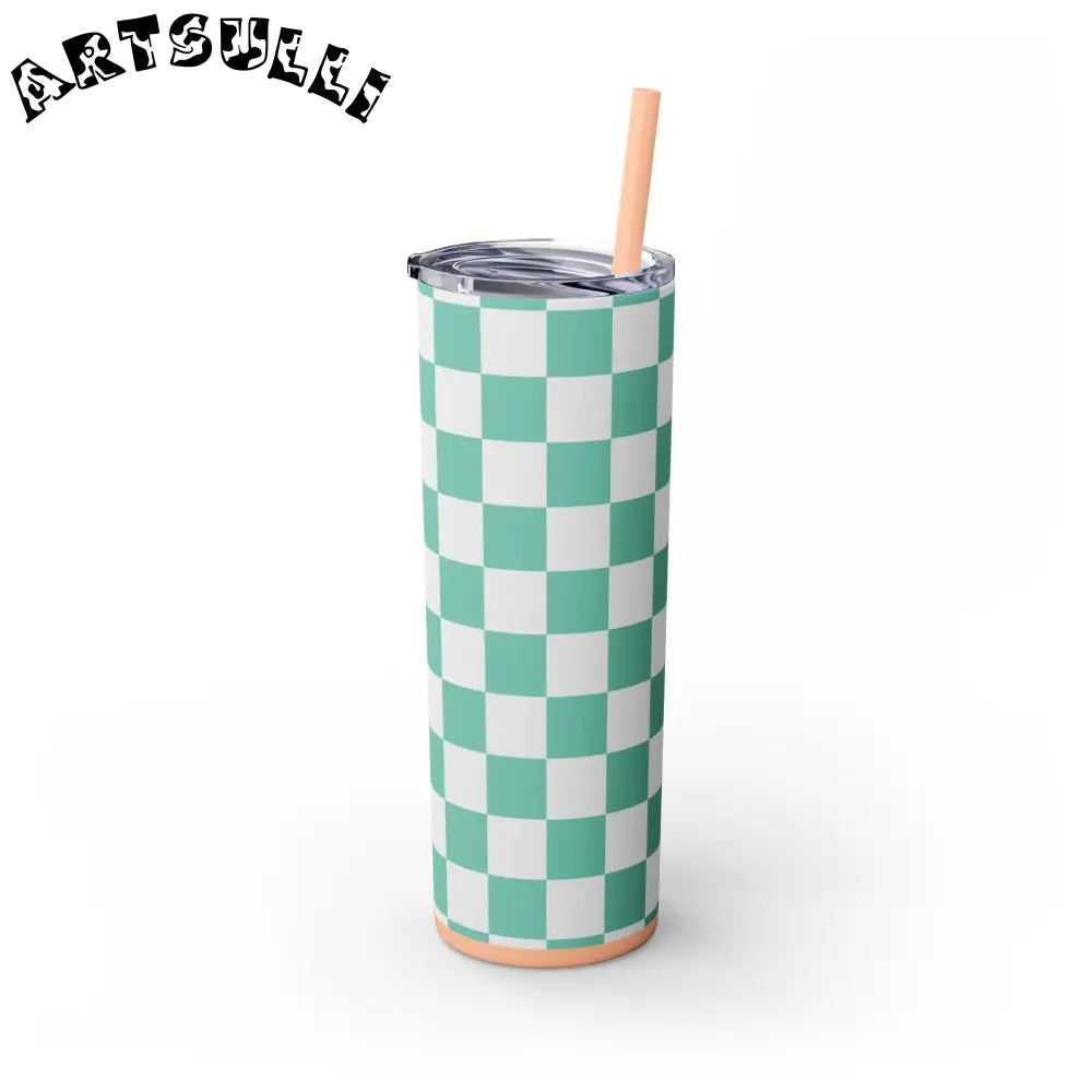 JAKKOUTTHEBXX Checkerboard Light Green Skinny Tumbler with Straw