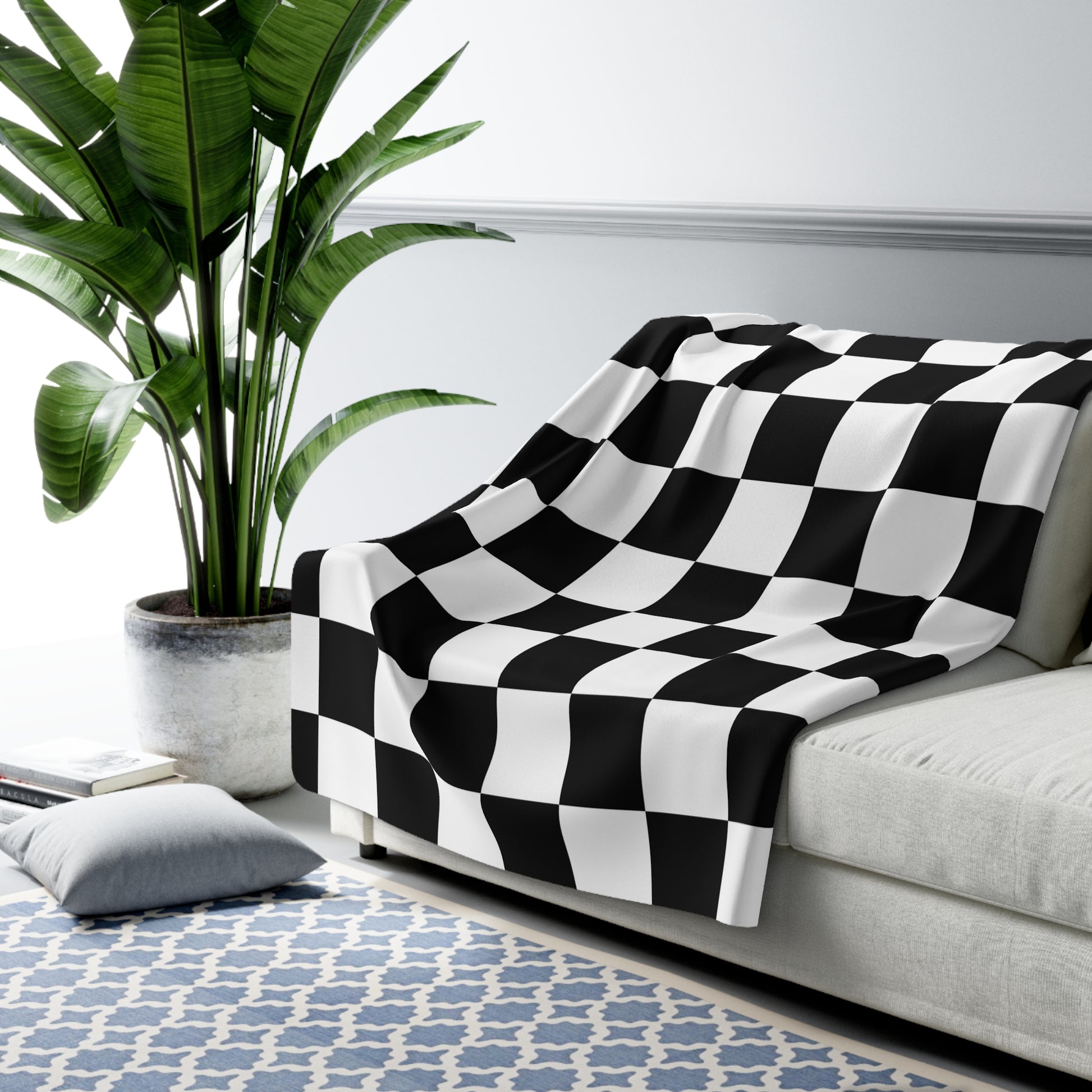 Checkerboard Black and White Sherpa Fleece Blanket, Artsulli - Art is Long, Life is Short, Home Decor, , , , , , , 