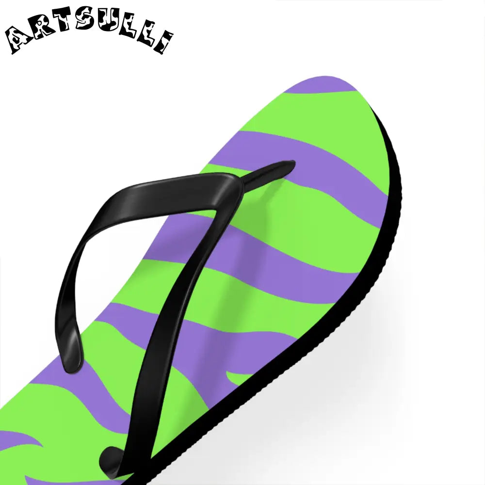 JAKKOUTTHEBXX Tyrannosaurus Print Green and Purple Flip Flops