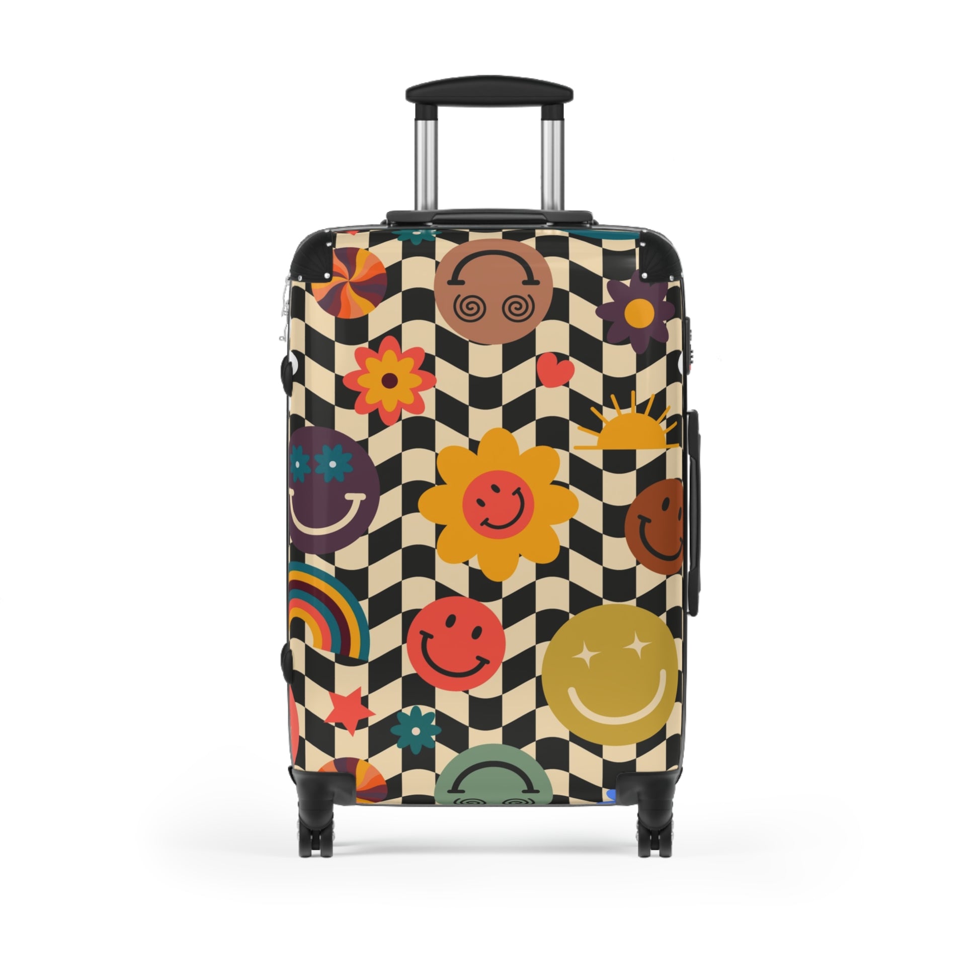 Trippy x Wavy Checkerboard x Smiley Face x Rainbow x Flowers Multi-Color Suitcase, Artsulli - Art is Long, Life is Short, Bags, Size, Medium, Color, Black, , , 36225393249464425906