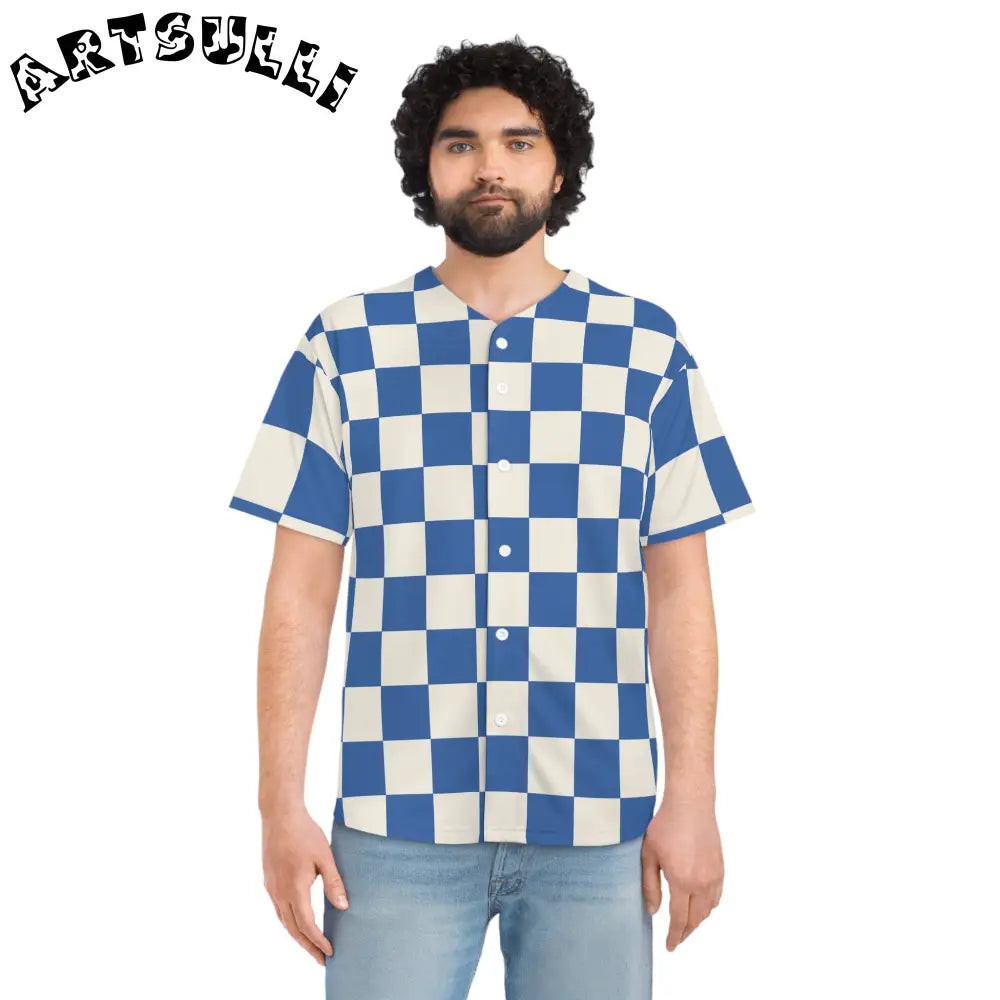 JAKKOUTTHEBXX Checkerboard Blue Men’s Baseball Jersey (AOP)