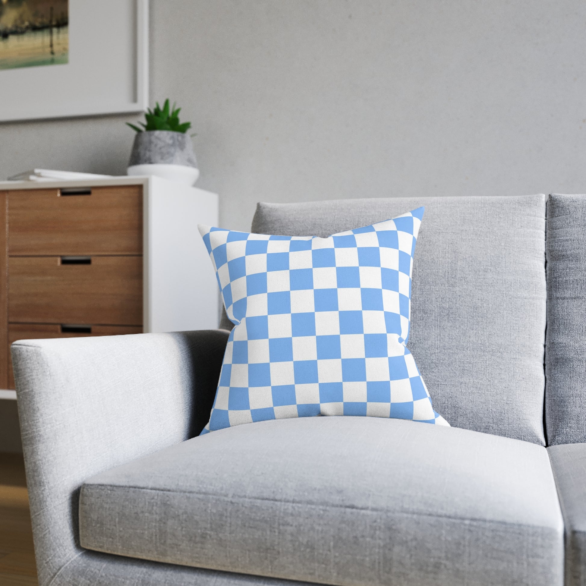 Checkerboard White and Light Blue Square Pillow - Pink Back, Artsulli - Art is Long, Life is Short, Home Decor, , , , , , , 