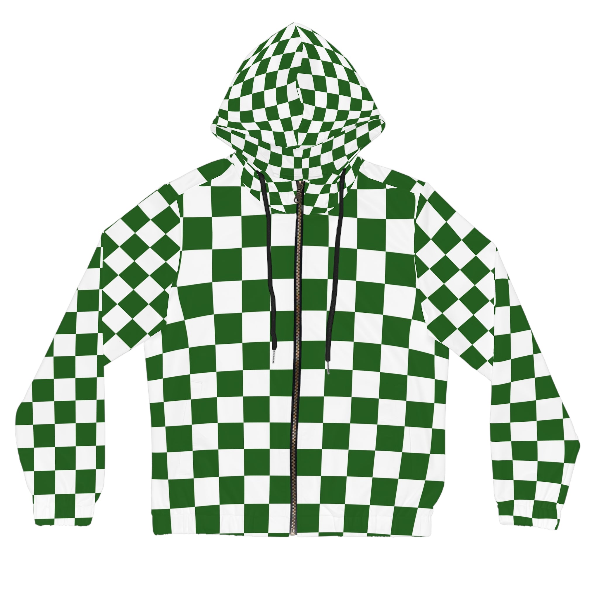 Checkerboard White and Dark Green Women’s Full-Zip Hoodie (AOP), Artsulli - Art is Long, Life is Short, All Over Prints, Size, XS, Color, Black, , , 22043883167835718864