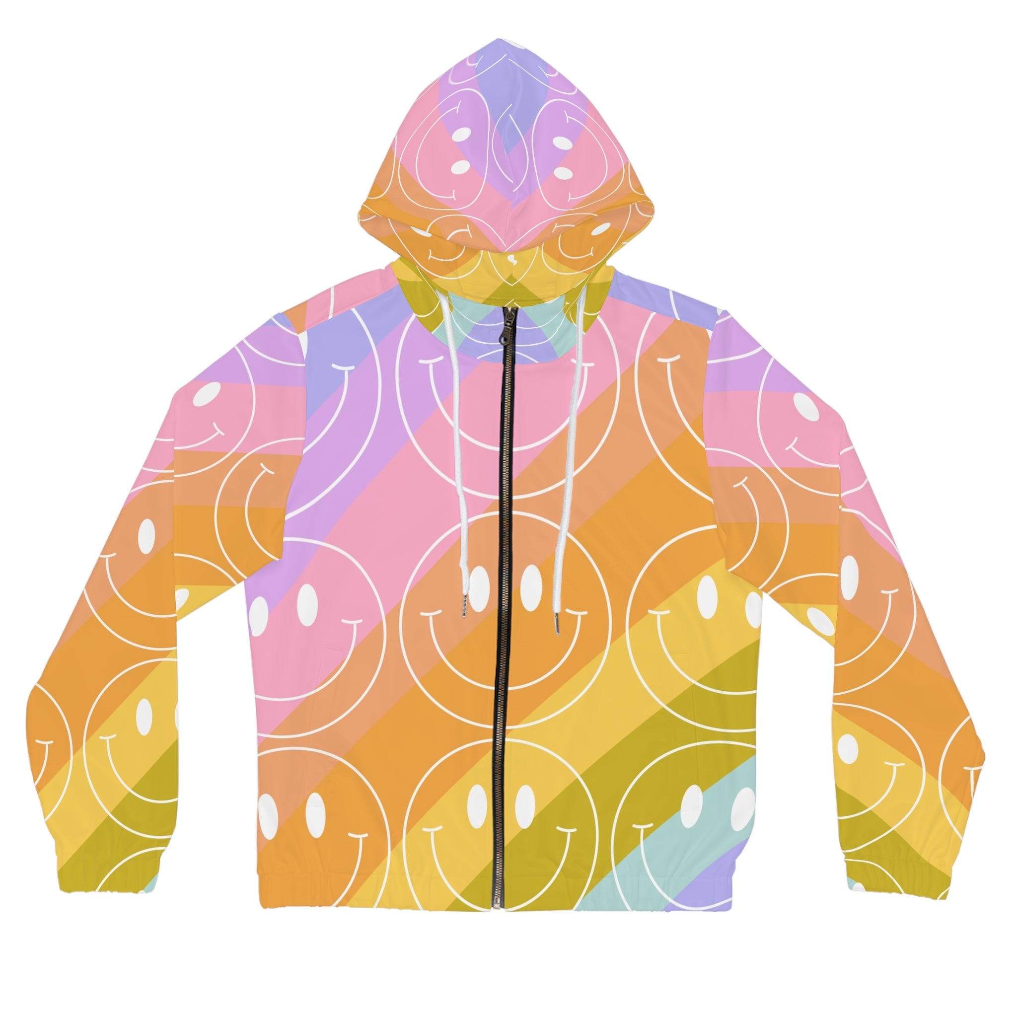 Smiley Face x Rainbow Stripes Multi-Color Women’s Full-Zip Hoodie (AOP), Artsulli - Art is Long, Life is Short, All Over Prints, Size, XS, Color, White, , , 25390337048185396855