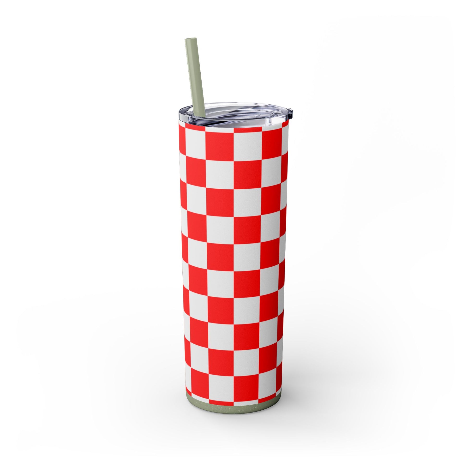 Checkerboard Red and White Skinny Tumbler with Straw, 20oz, Artsulli - Art is Long, Life is Short, Mug, , , , , , , 
