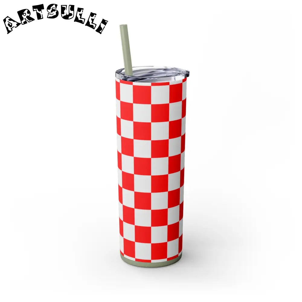 JAKKOUTTHEBXX Checkerboard Red and White Skinny Tumbler with Straw