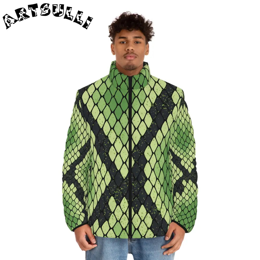 JAKKOUTTHEBXX Snake Skin Green and Black Men’s Puffer Jacket (AOP)