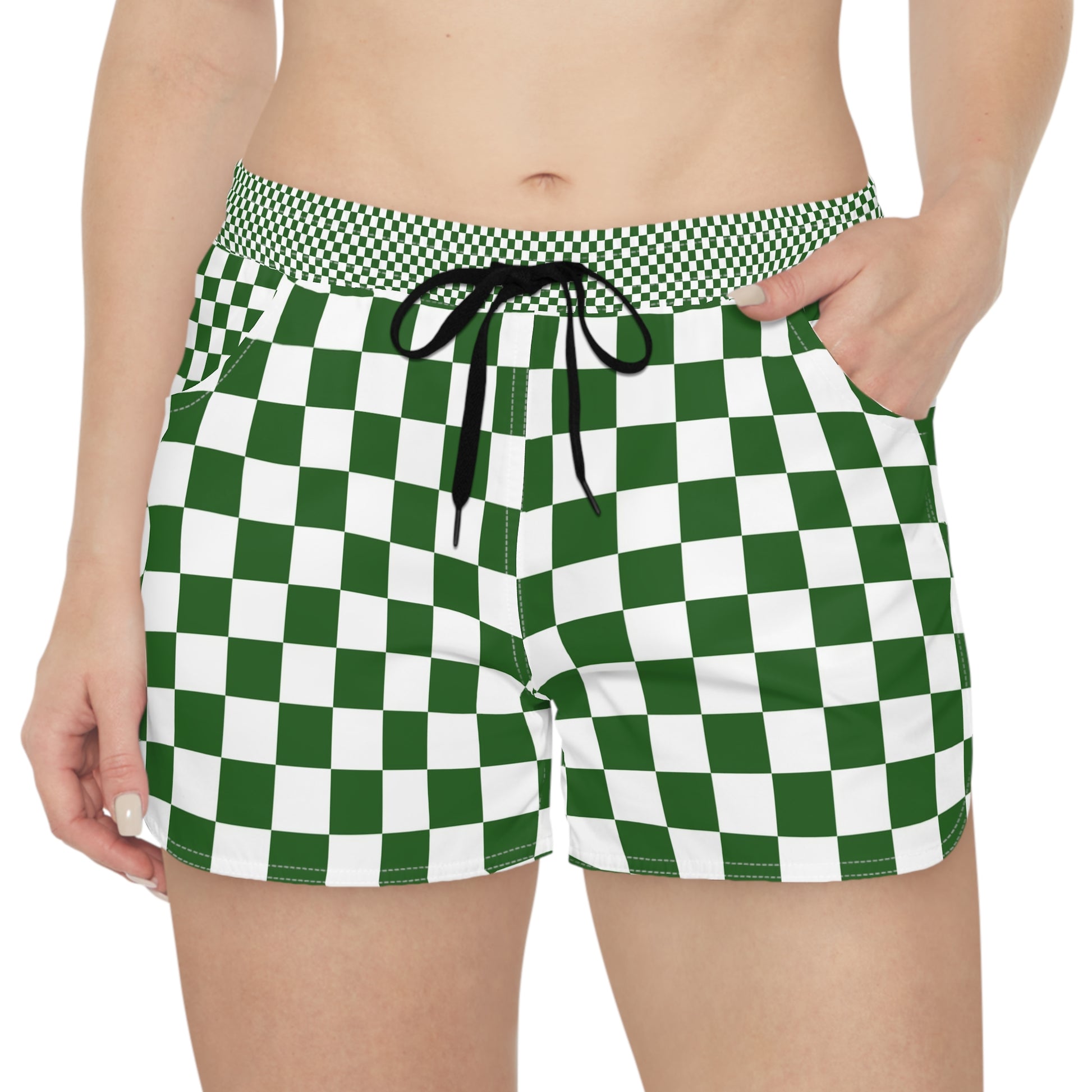Checkerboard White and Dark Green Women's Casual Shorts (AOP), Artsulli - Art is Long, Life is Short, All Over Prints, , , , , , , 