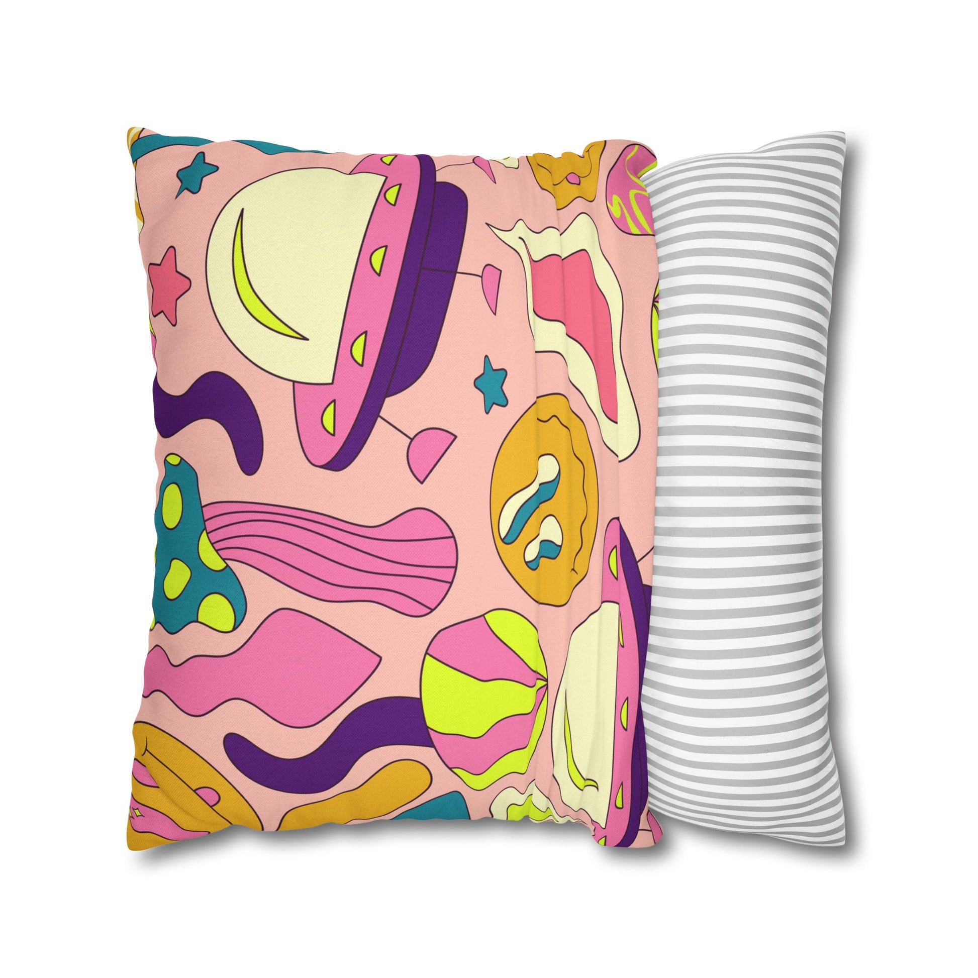 Trippy Spaceships Pink Spun Polyester Square Pillowcase, Artsulli - Art is Long, Life is Short, Home Decor, , , , , , , 