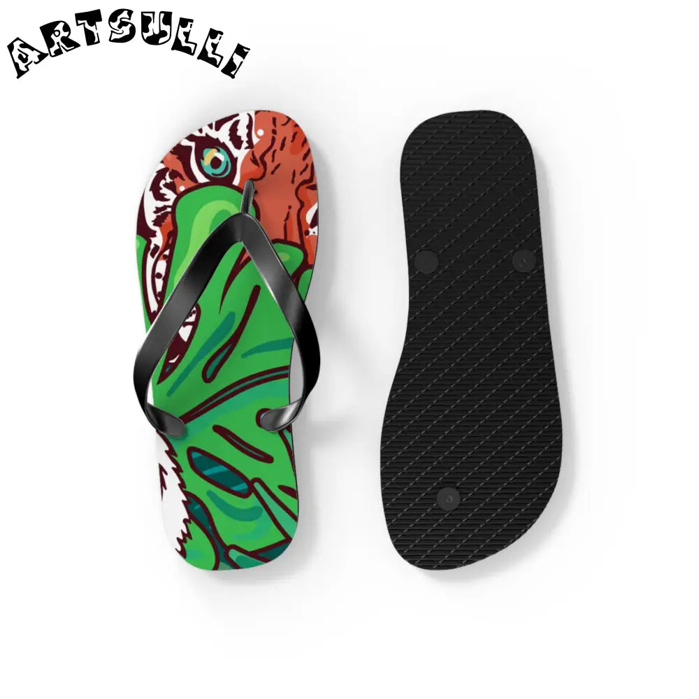 JAKKOUTTHEBXX Tropical Jungle Tigers Blue and Green Flip Flops