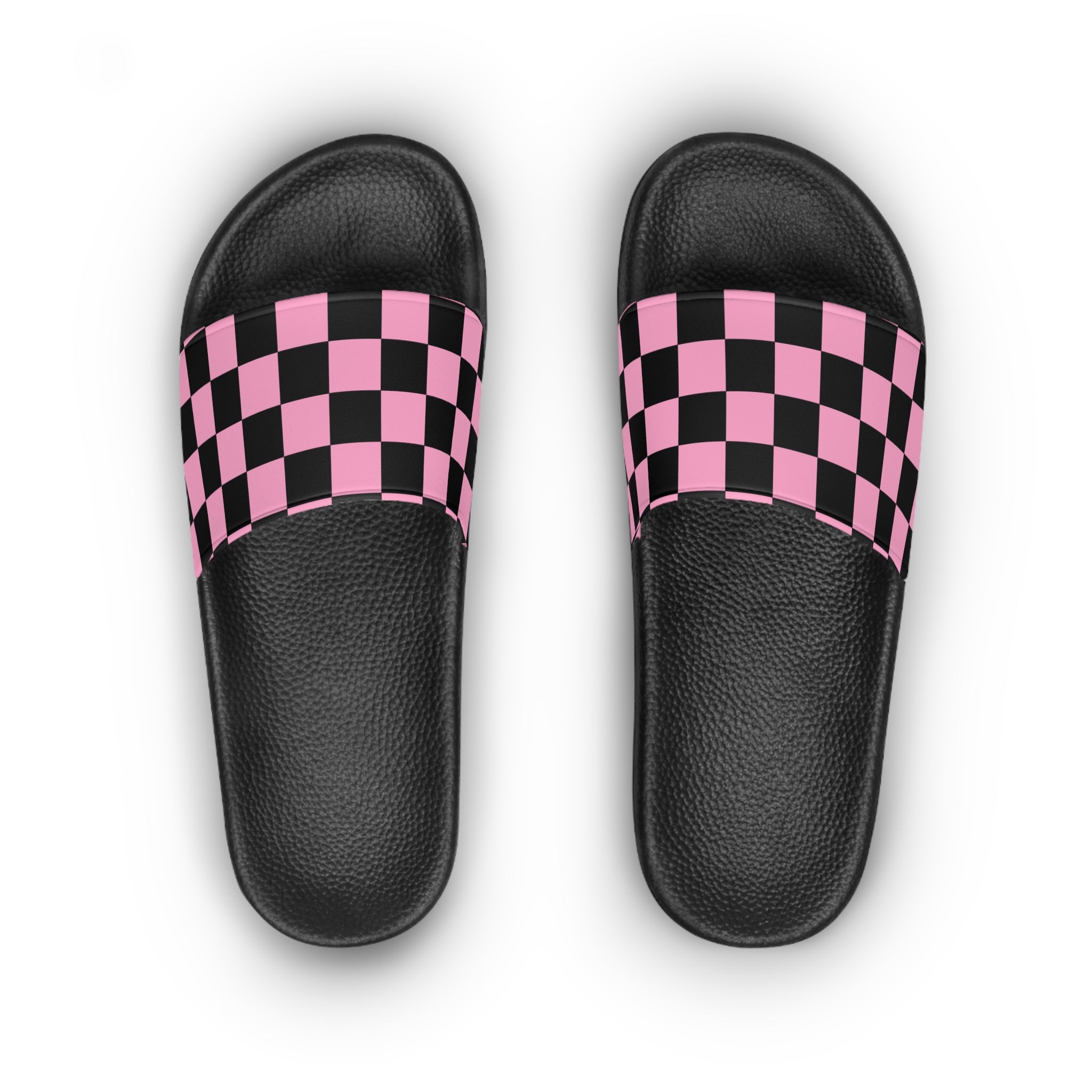 Checkerboard Black and Pink Women's Slide Sandals, Artsulli - Art is Long, Life is Short, Shoes, , , , , , , 