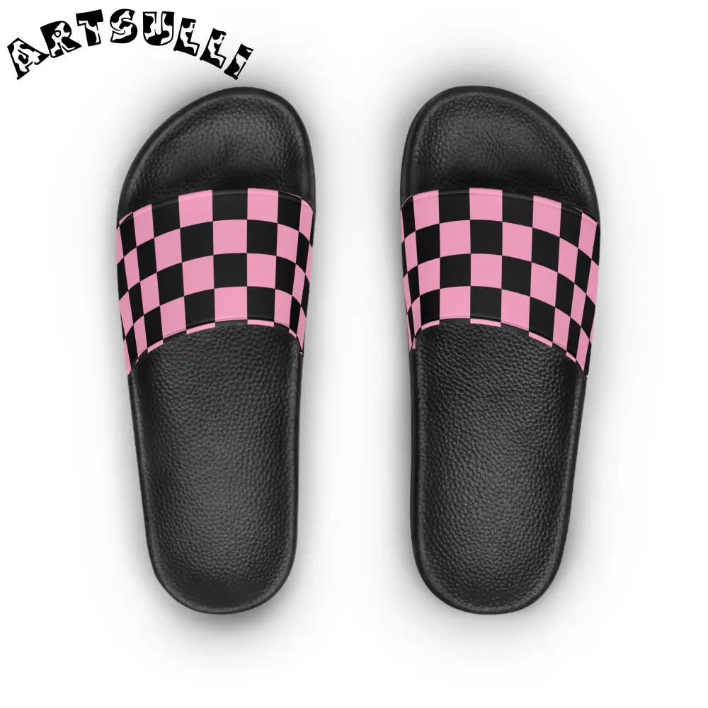 JAKKOUTTHEBXX Checkerboard Black and Pink Women’s Slide Sandals
