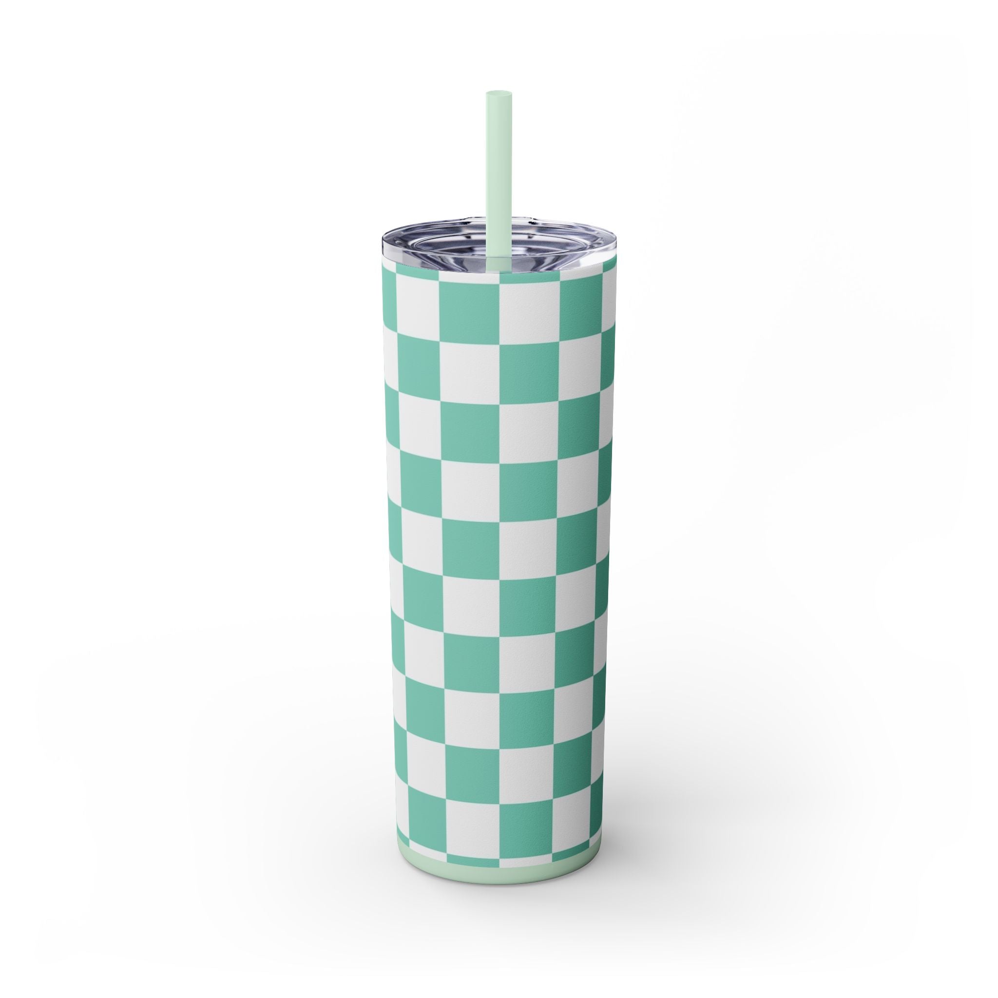 Checkerboard Light Green Skinny Tumbler with Straw, 20oz, Artsulli - Art is Long, Life is Short, Mug, , , , , , , 