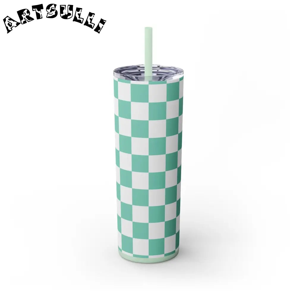 JAKKOUTTHEBXX Checkerboard Light Green Skinny Tumbler with Straw
